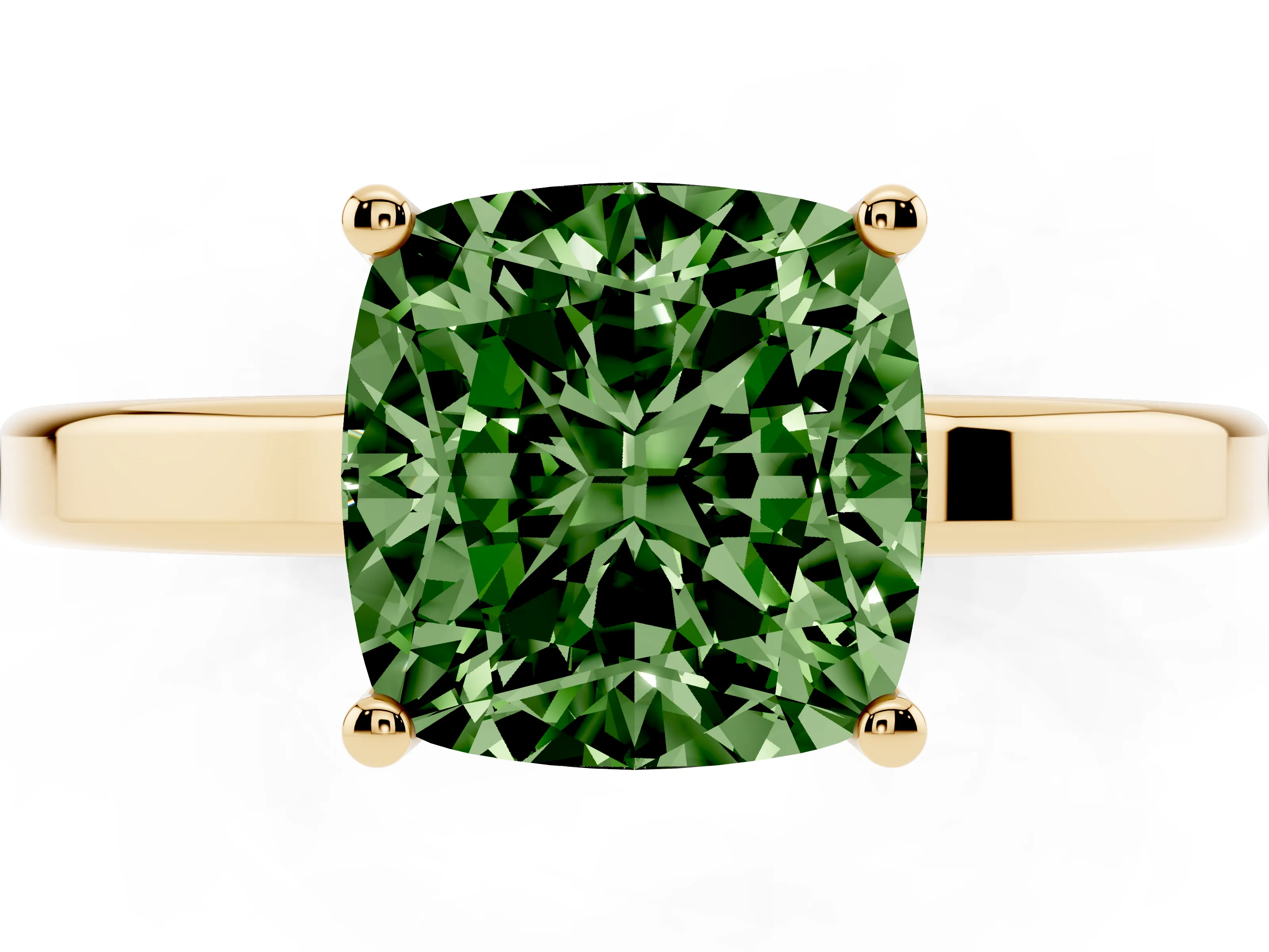 Fancy Green Cushion Cut Diamond Solitaire Engagement Ring Set in Yellow gold with Prong Setting on a Plain Band