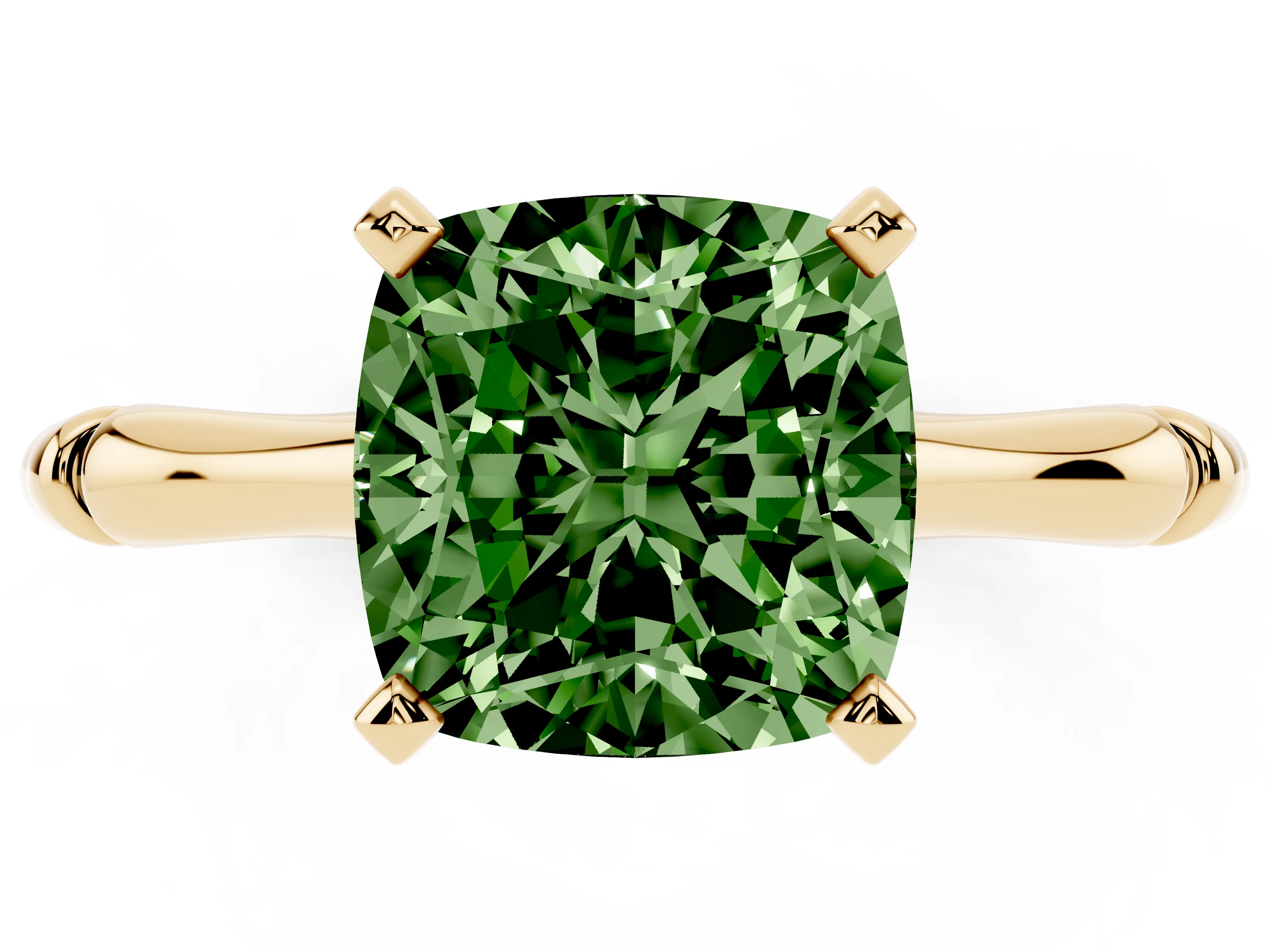 Fancy Green Cushion Cut Diamond Solitaire Ring Set in Yellow gold with Bamboo Band and Prong Setting