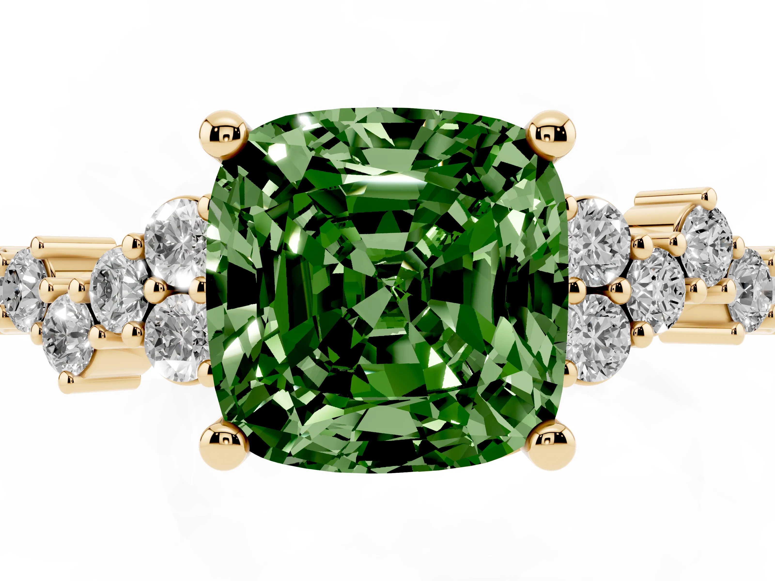 Fancy Green Cushion Cut Diamond Ring Set in Yellow gold with Scattered Round Accents