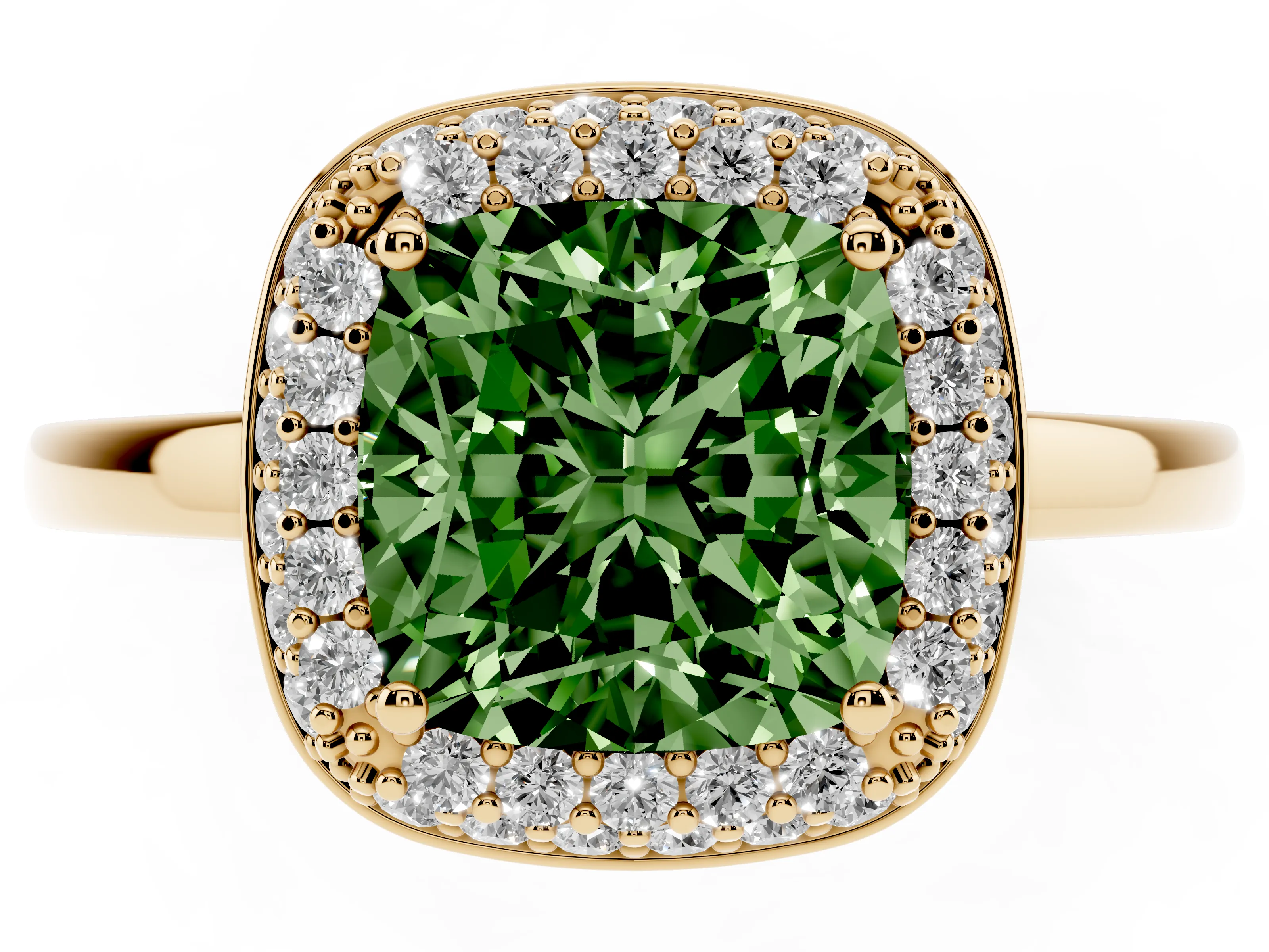 Fancy Green Cushion Cut Diamond Halo Engagement Ring Set in Yellow gold with Solitaire Band and Prong Setting