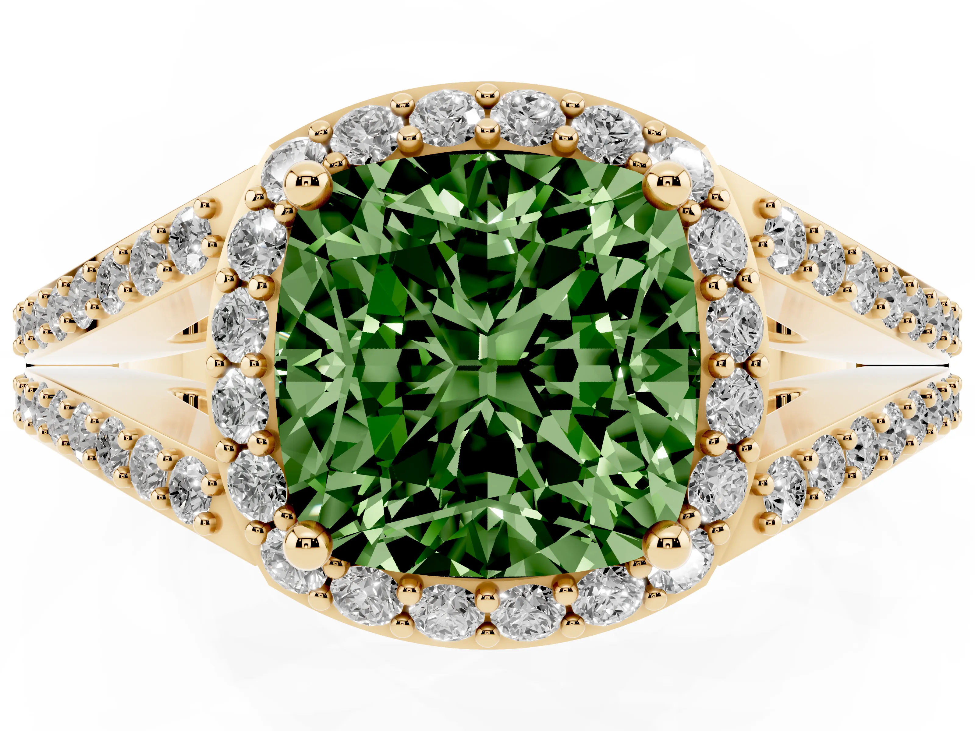 Fancy Green Cushion Cut Diamond Halo Split Shank Ring Set in Yellow gold with Accent Stones and Prong Setting