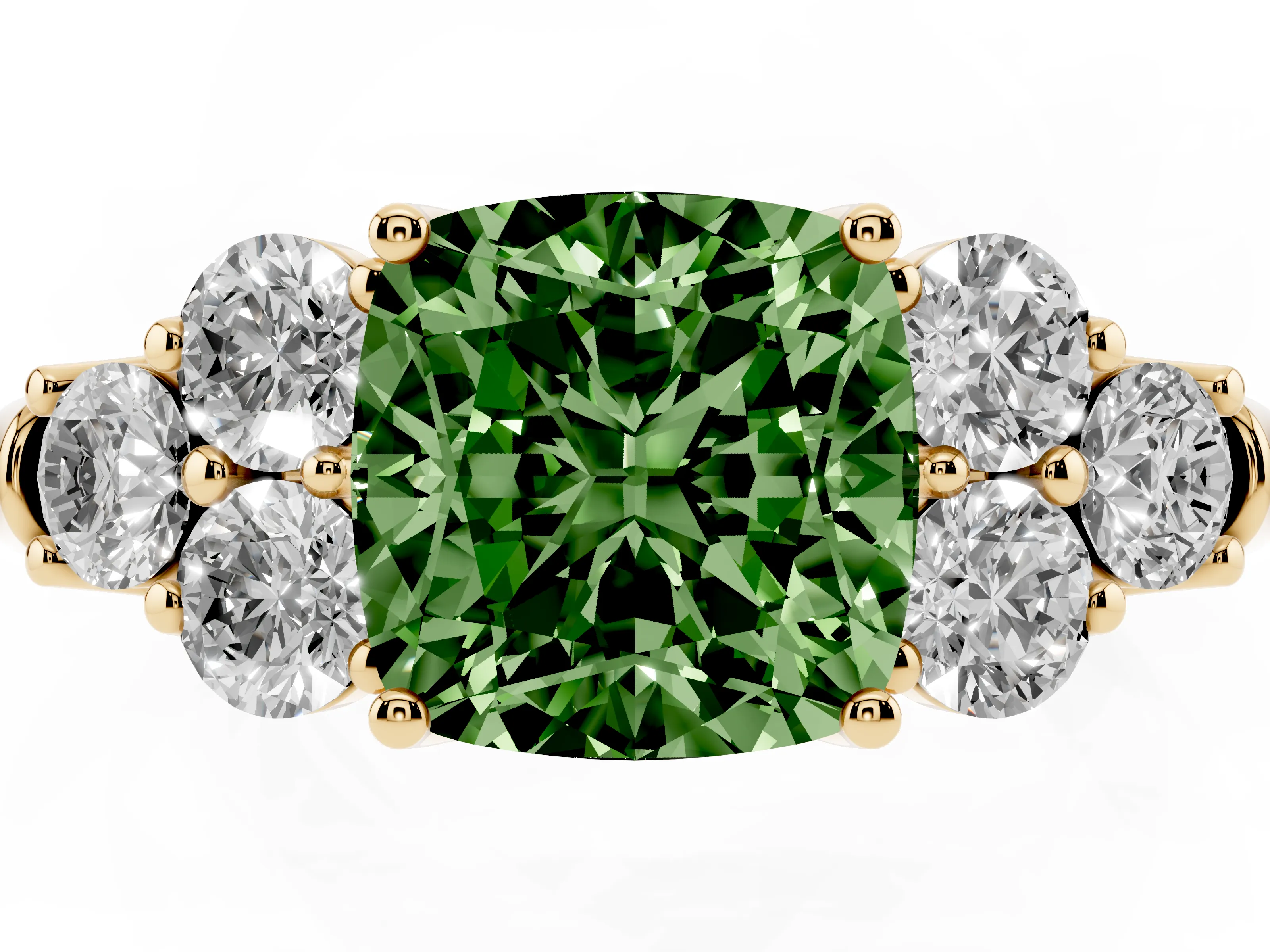Fancy Green Cushion Cut Diamond Cluster Ring Set in Yellow gold with Round Accent Stones and Prong Setting on a Plain Band