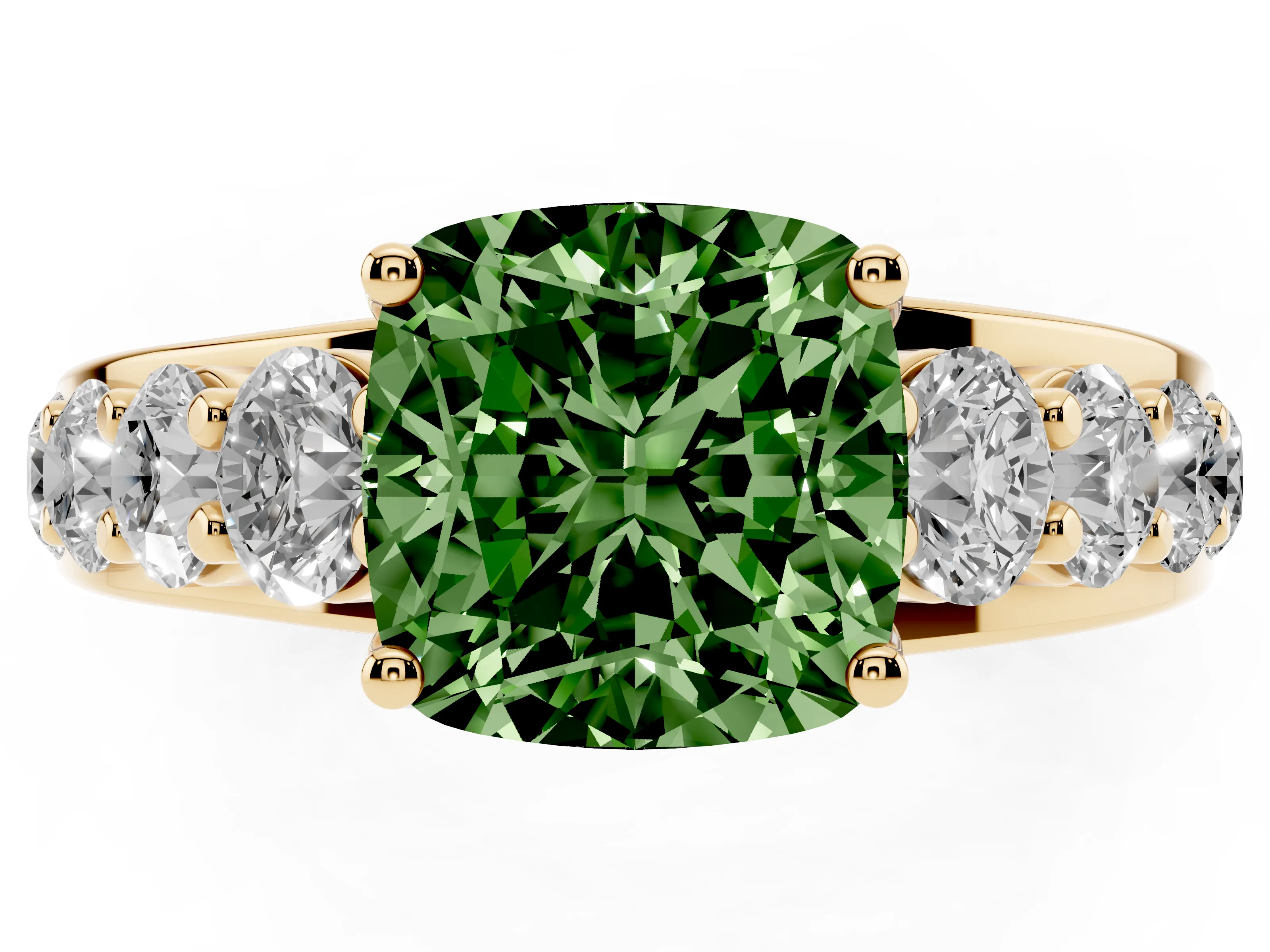 Fancy Green Cushion Cut Diamond Pavé Engagement Ring Set in Yellow gold with Prong Setting