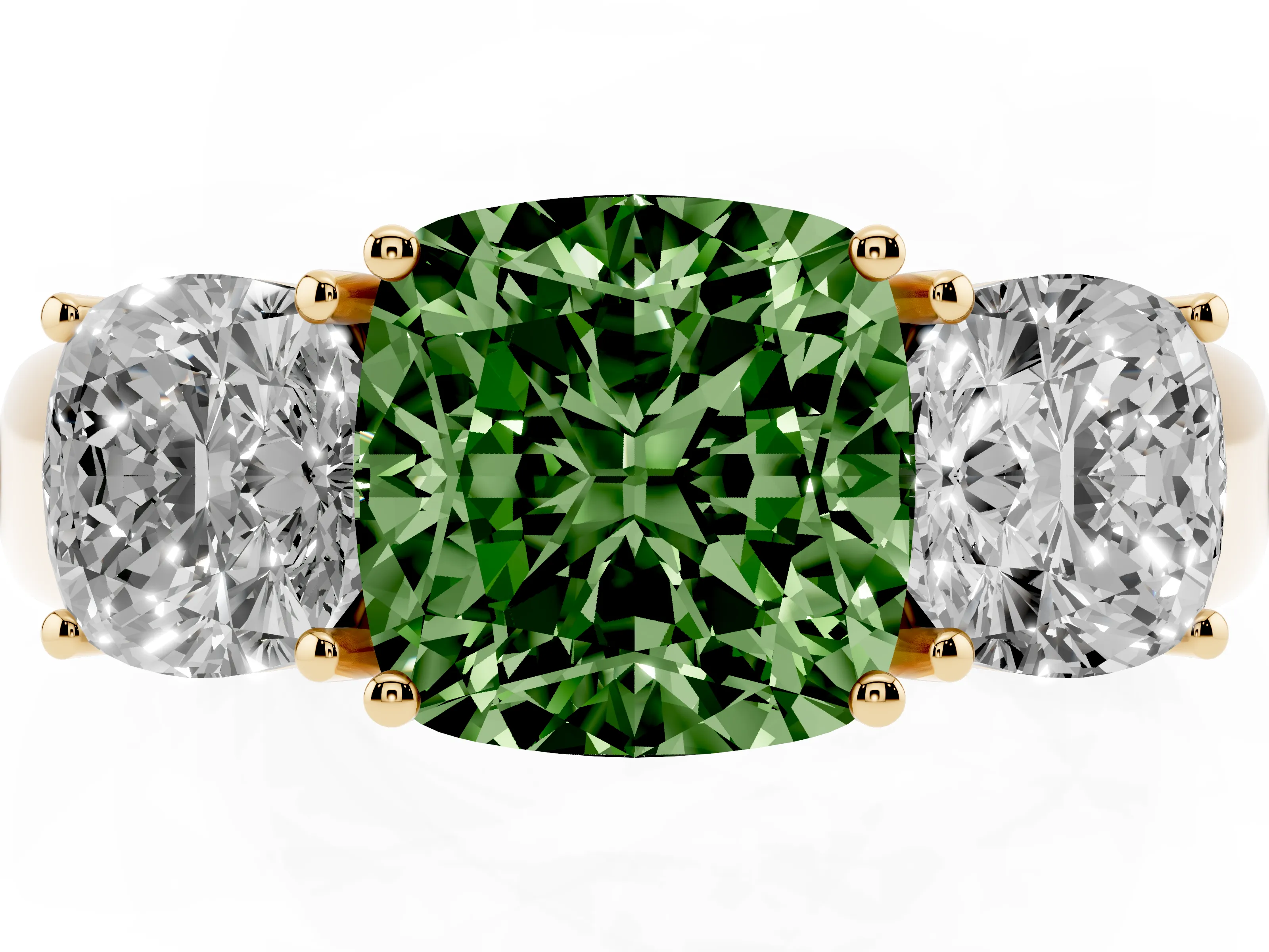 Fancy Green Three-Stone Cushion Cut Diamond Ring Set in Yellow gold with Matching Prong Settings and Plain Band