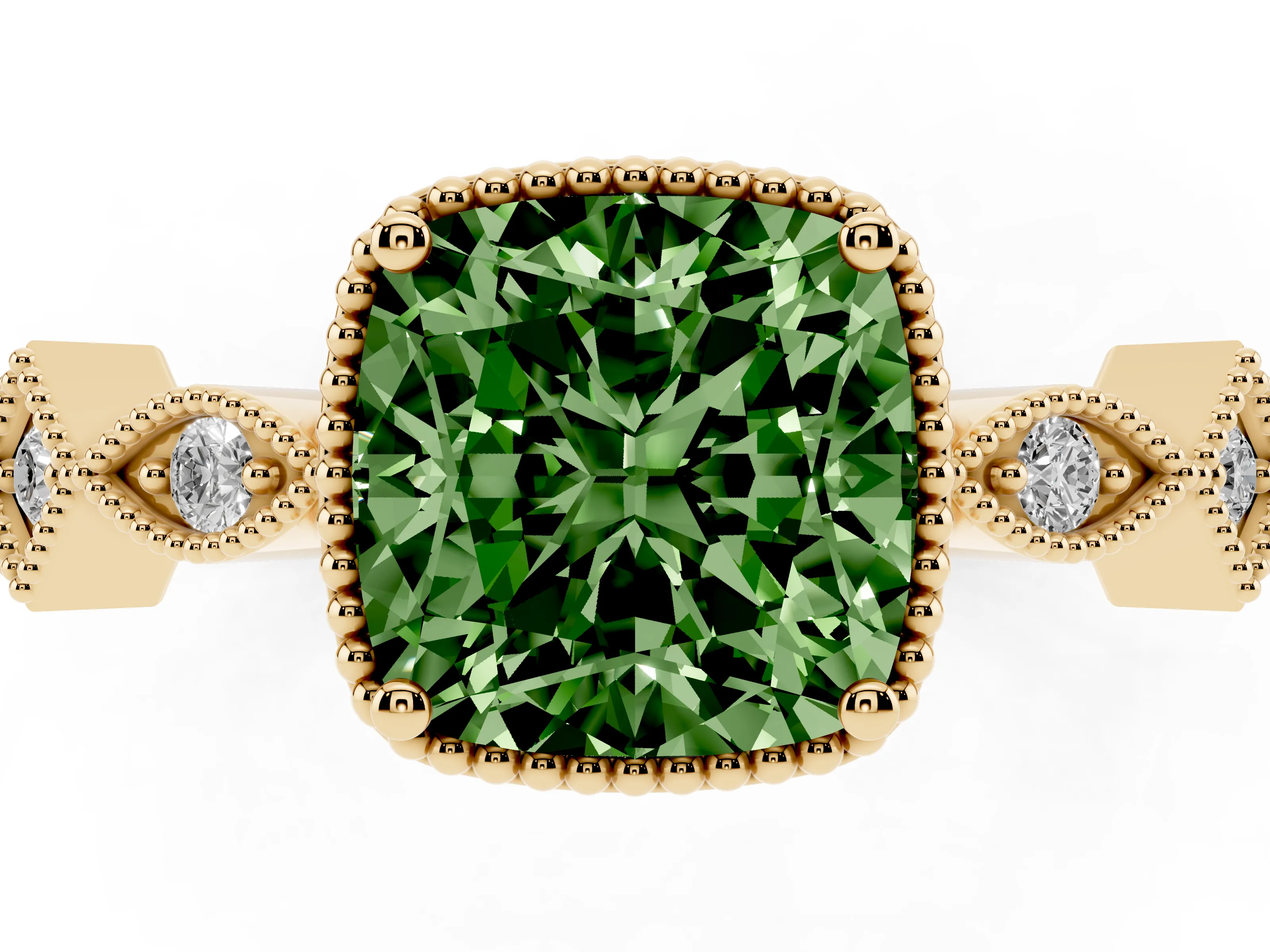 Fancy Green Cushion Cut Diamond Milgrain Marquise Twist Band Ring Set in Yellow gold with Prong Setting