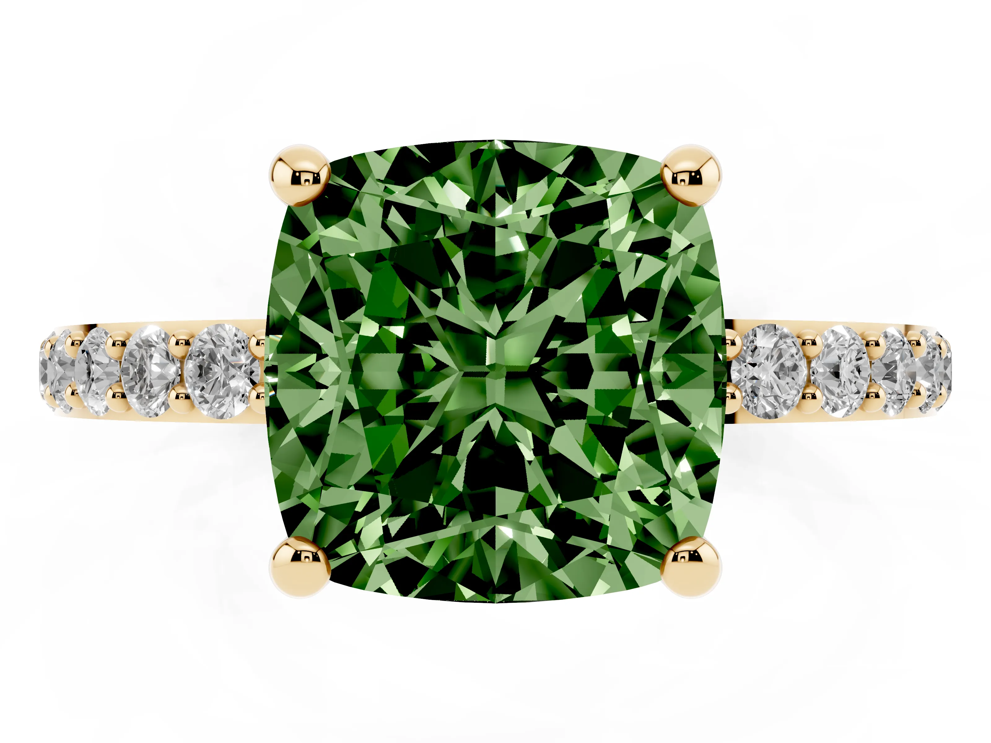 Fancy Green Cushion Cut Diamond Solitaire Ring Set in Yellow gold with Round Pavé Band and Prong Setting