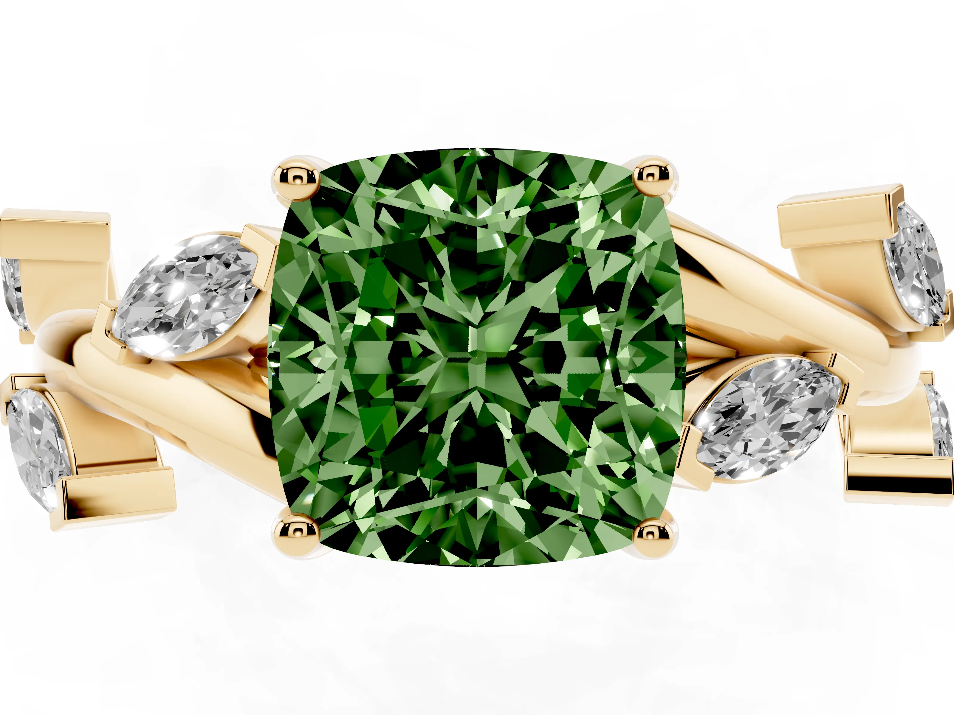 Fancy Green Cushion Cut Diamond Solitaire Ring Set in Yellow gold with Twisted Marquise Accent Band