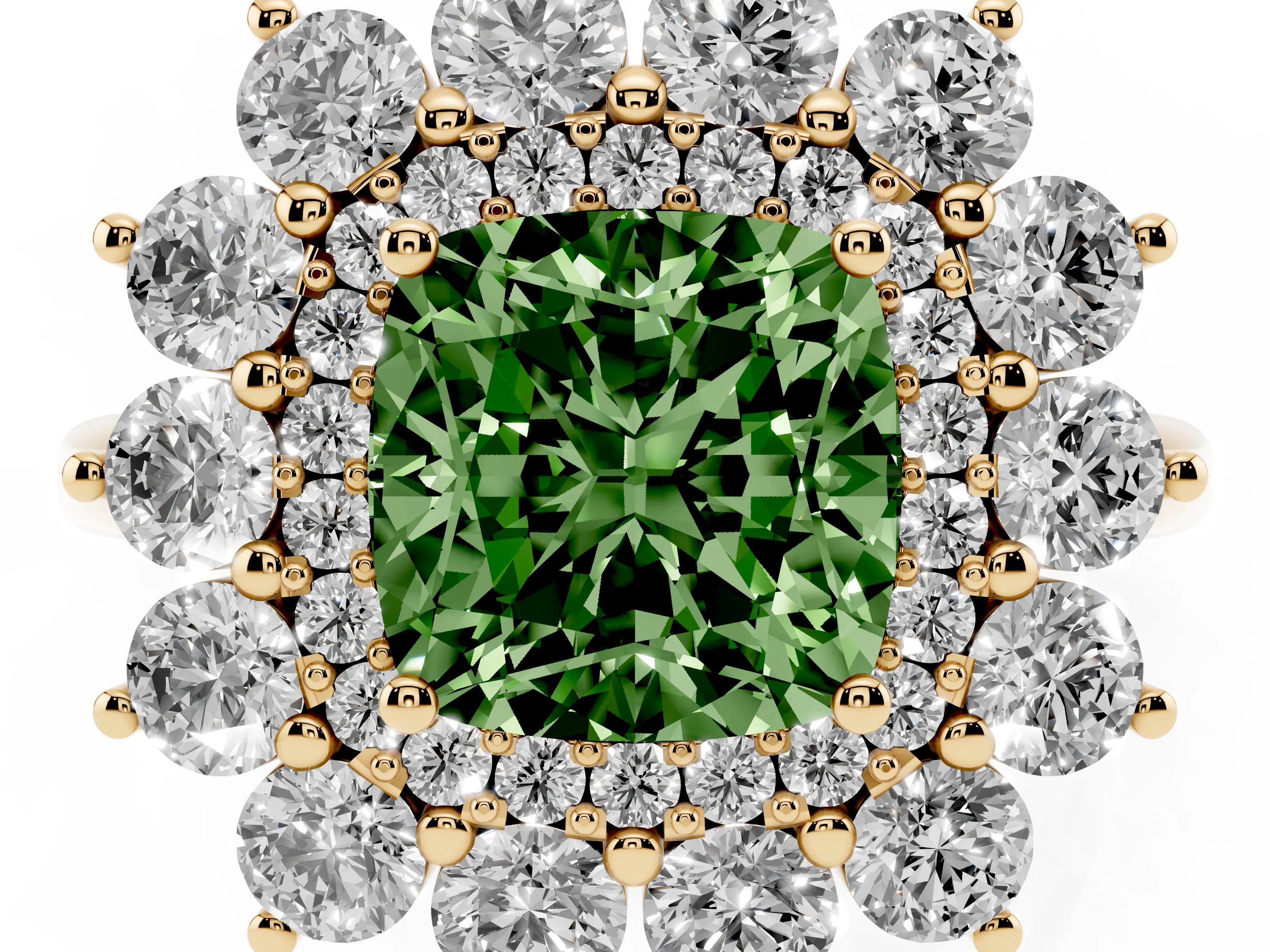 Fancy Green Cushion Cut Diamond Floral Double Halo Ring Set in Yellow gold with Round Petals