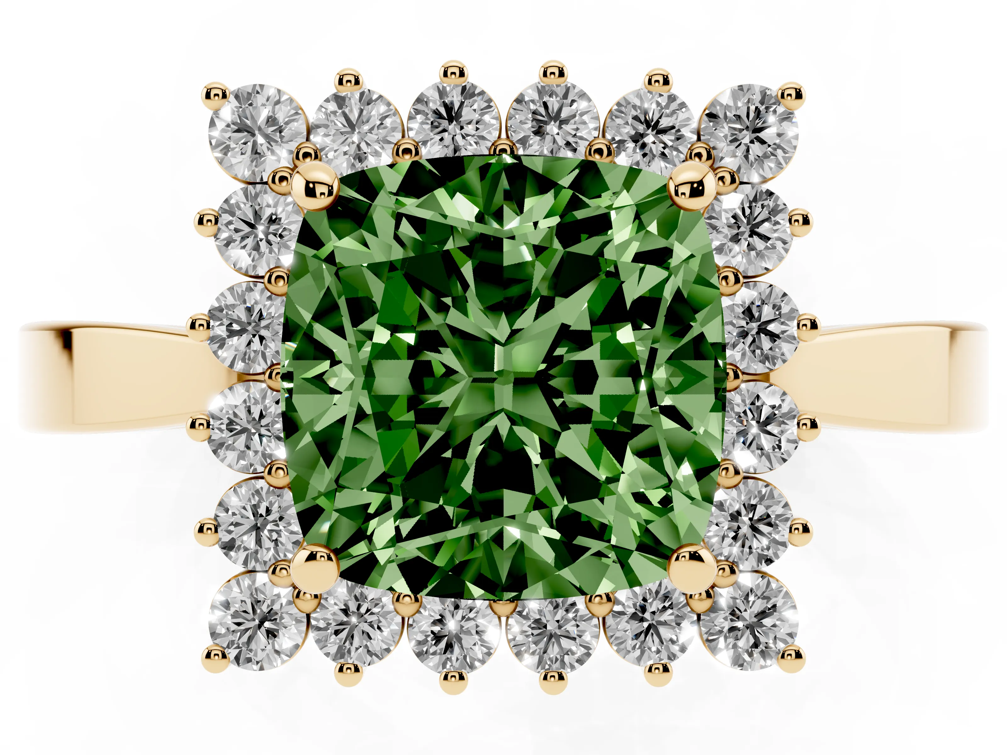 Fancy Green Cushion Cut Diamond Halo Ring Set in Yellow gold with Round Halo and Smooth Solitaire Band