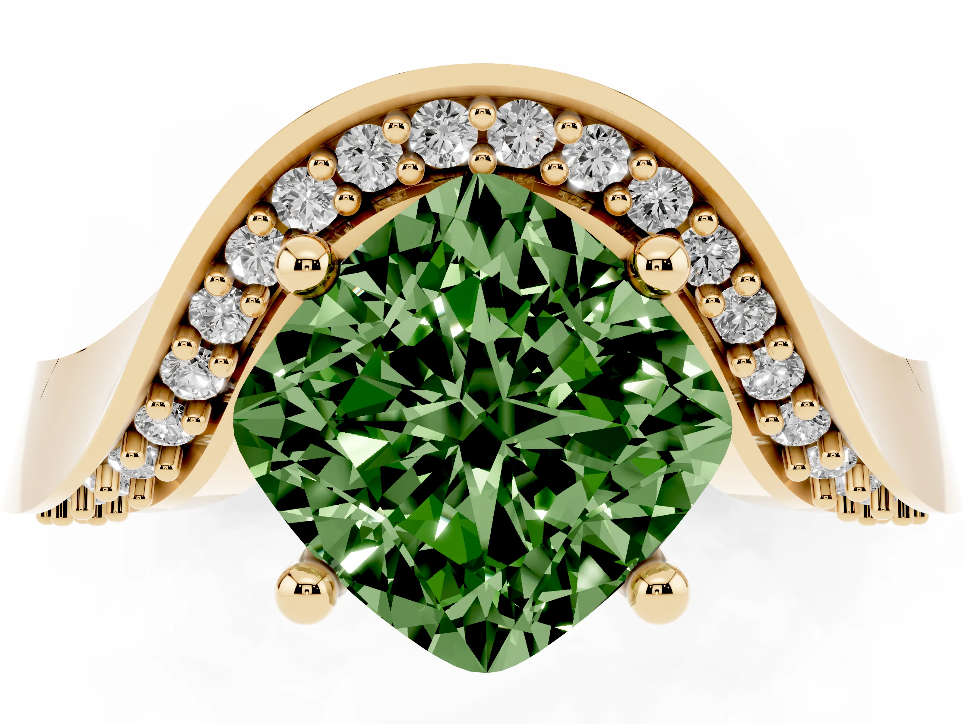 Fancy Green Cushion Cut Diamond Solitaire Engagement Ring Set in Yellow gold with Pavé Shoulders