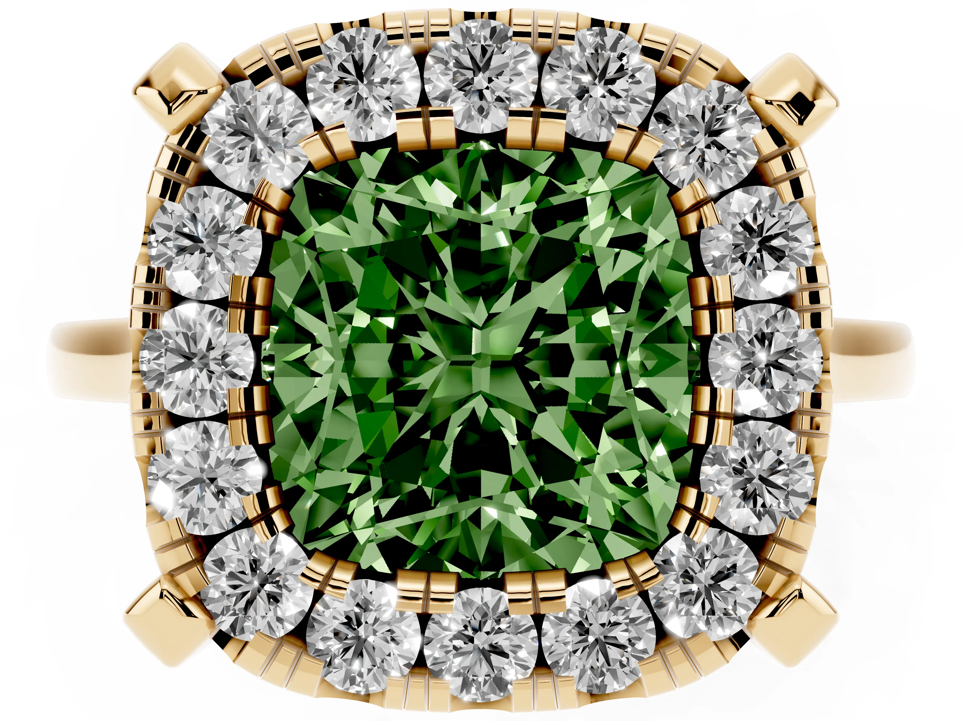Fancy Green Cushion Cut Diamond Cluster Halo Solitaire Ring Set in Yellow gold with Prong Setting