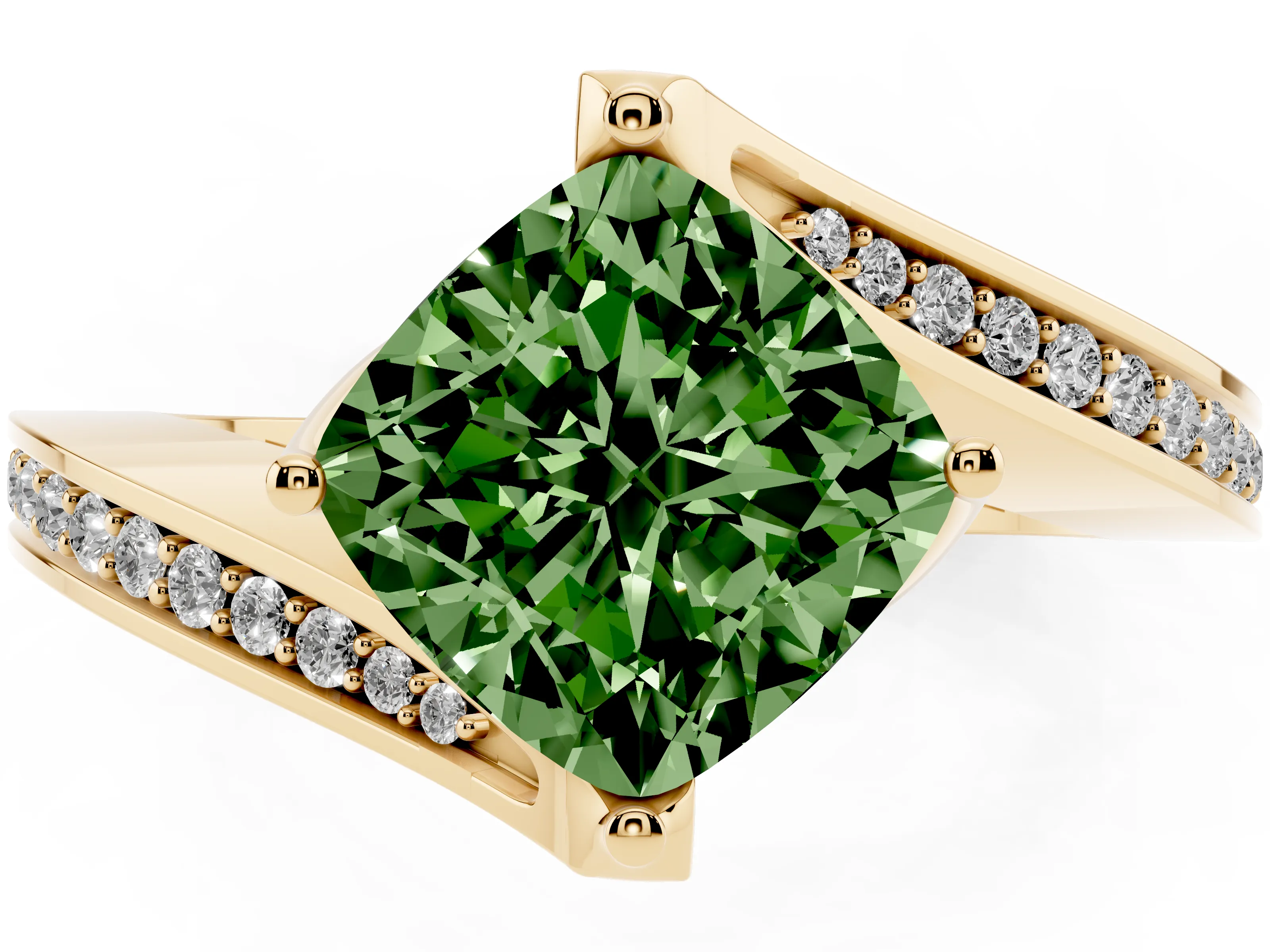 Fancy Green Cushion Cut Diamond Solitaire Ring Set in Yellow gold with Intertwined Pavé Twist Band