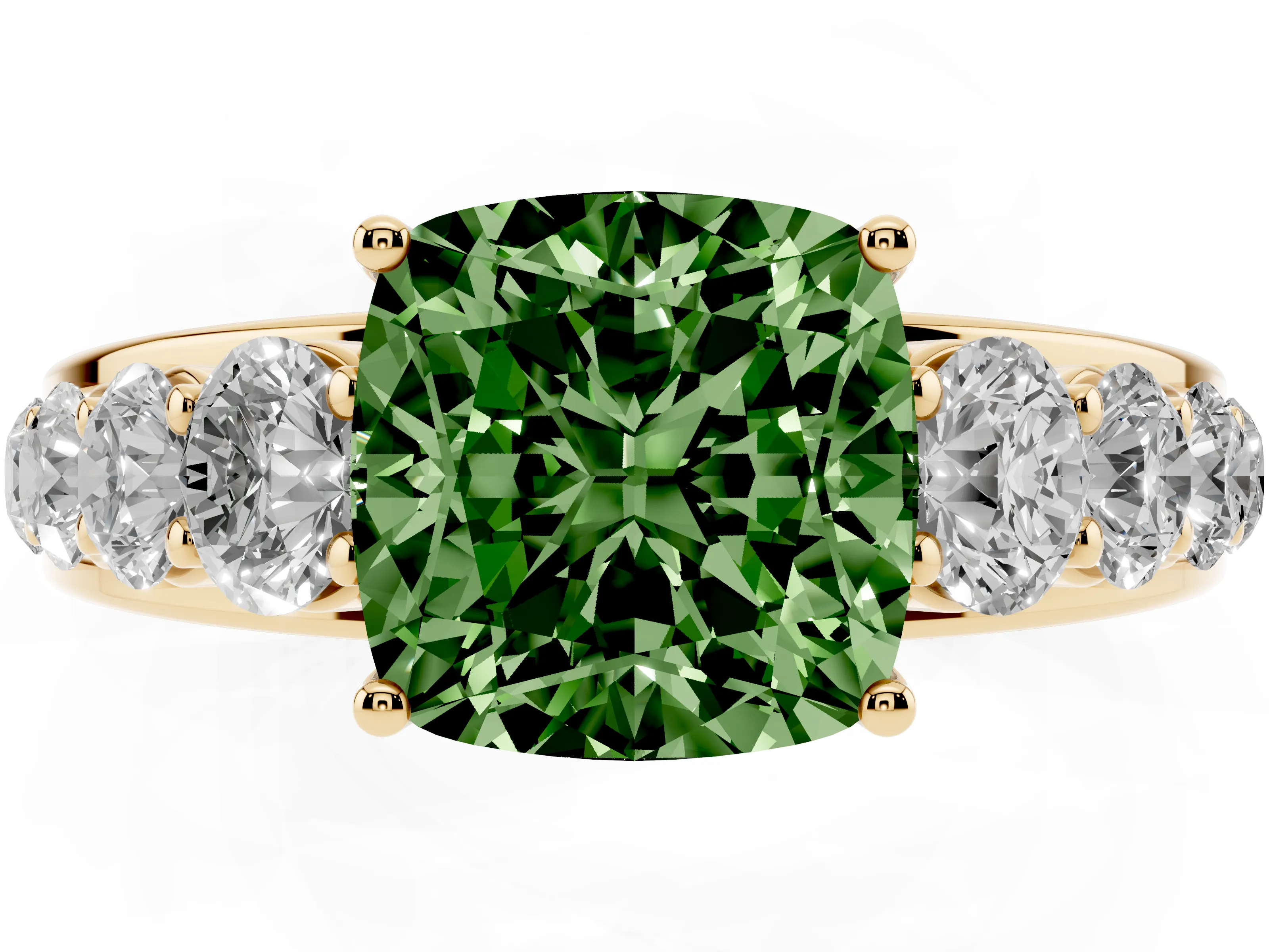 Fancy Green Cushion Cut Diamond Solitaire Ring Set in Yellow gold with Pavé-Set Band and Prong Setting