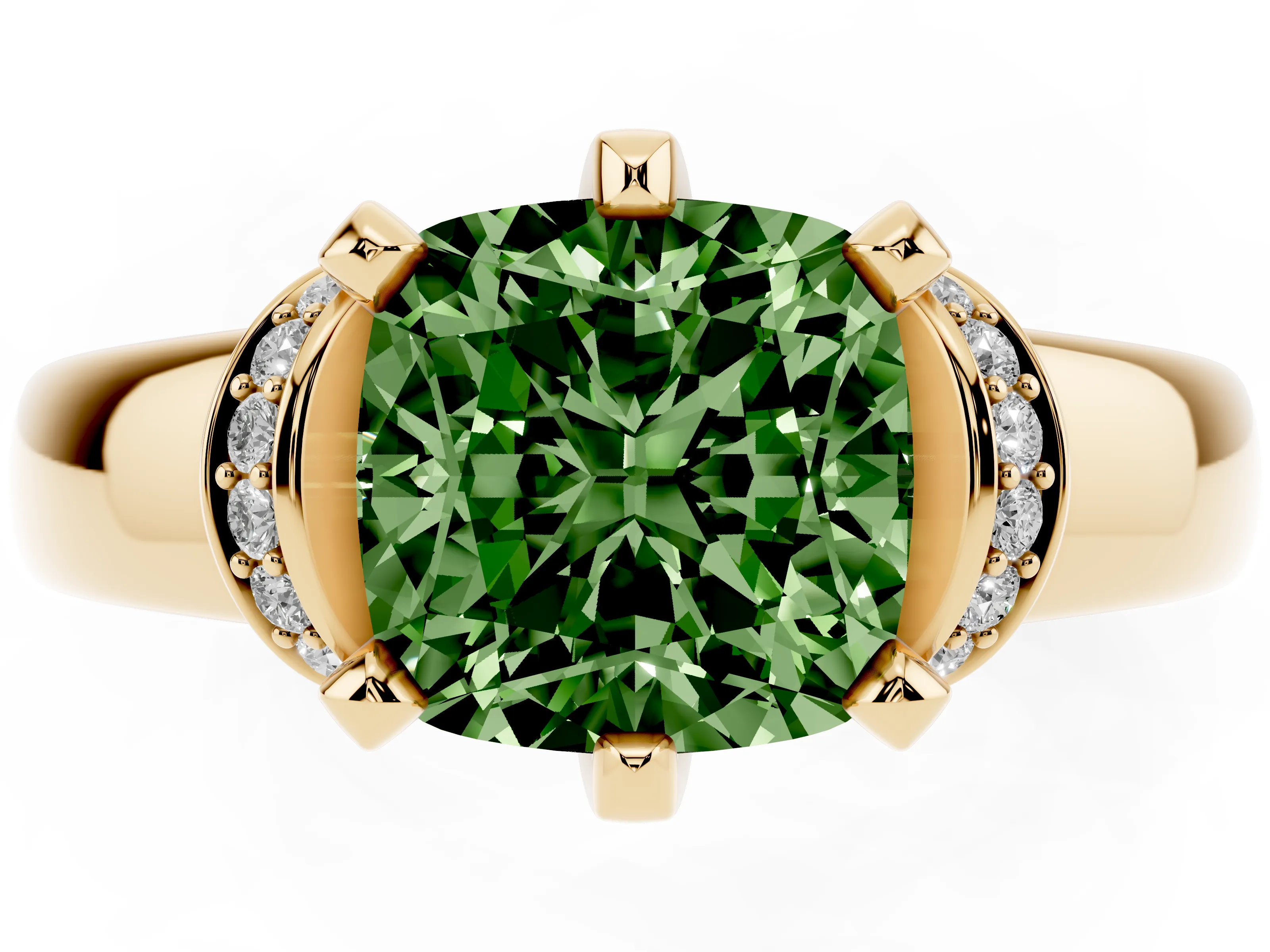 Fancy Green Cushion Cut Diamond Pavé Band Solitaire Ring Set in Yellow gold with Prong Setting