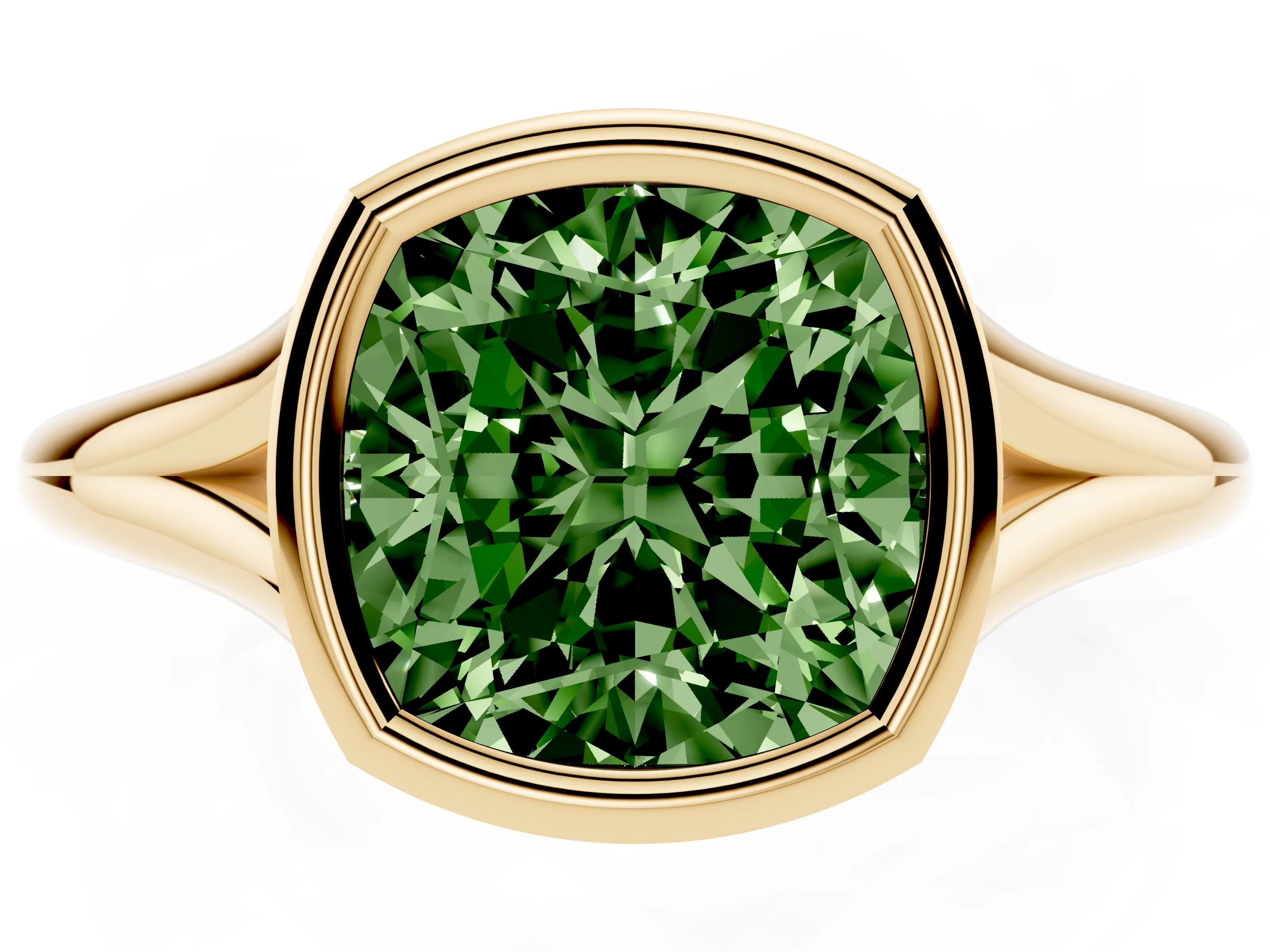 Fancy Green Bezel Set Cushion Cut Diamond Solitaire Ring Set in Yellow gold with Tapered Band