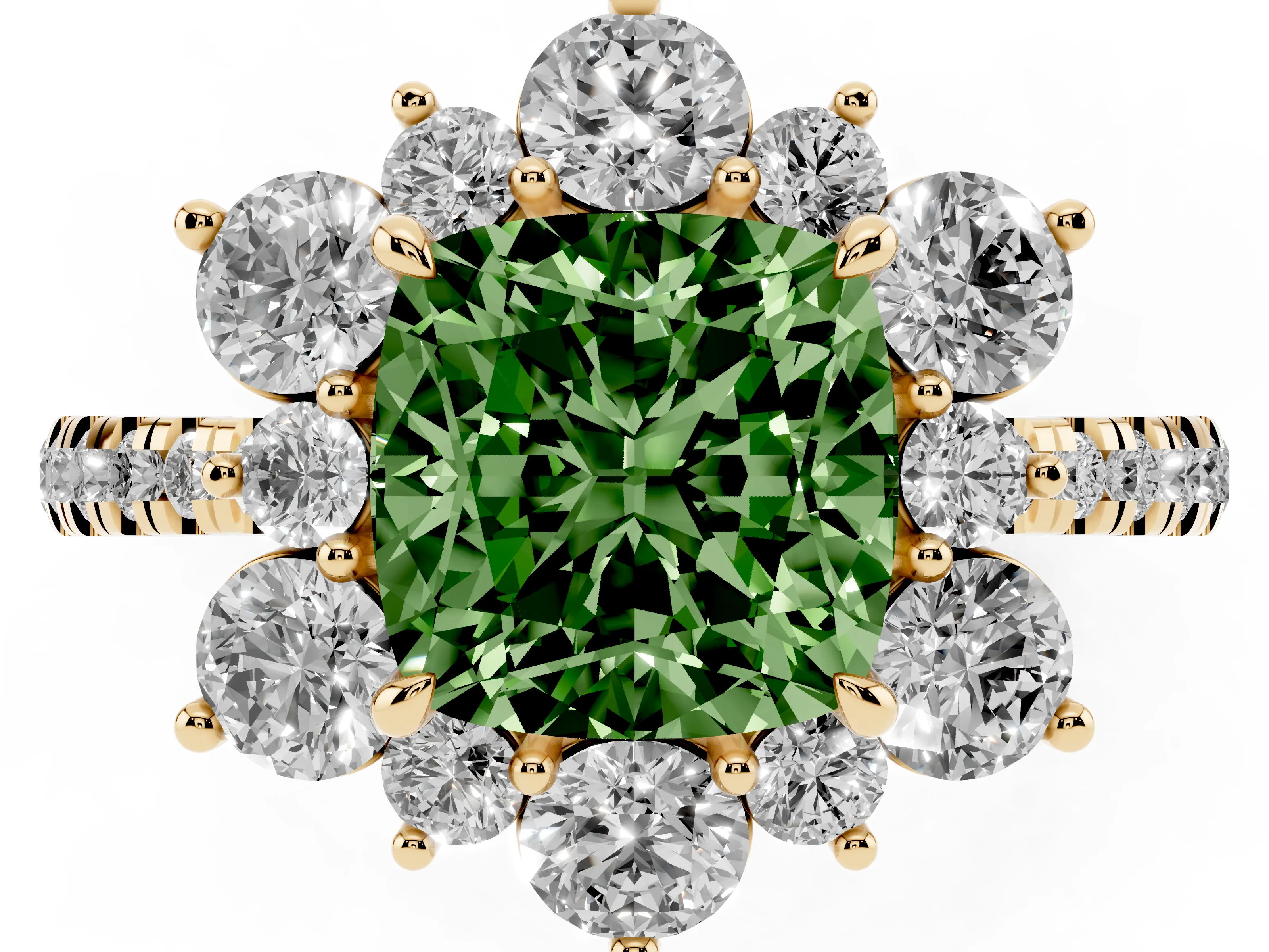 Fancy Green Cushion Cut Diamond Floral Halo Ring Set in Yellow gold with Round Pavé Band and Prong Setting