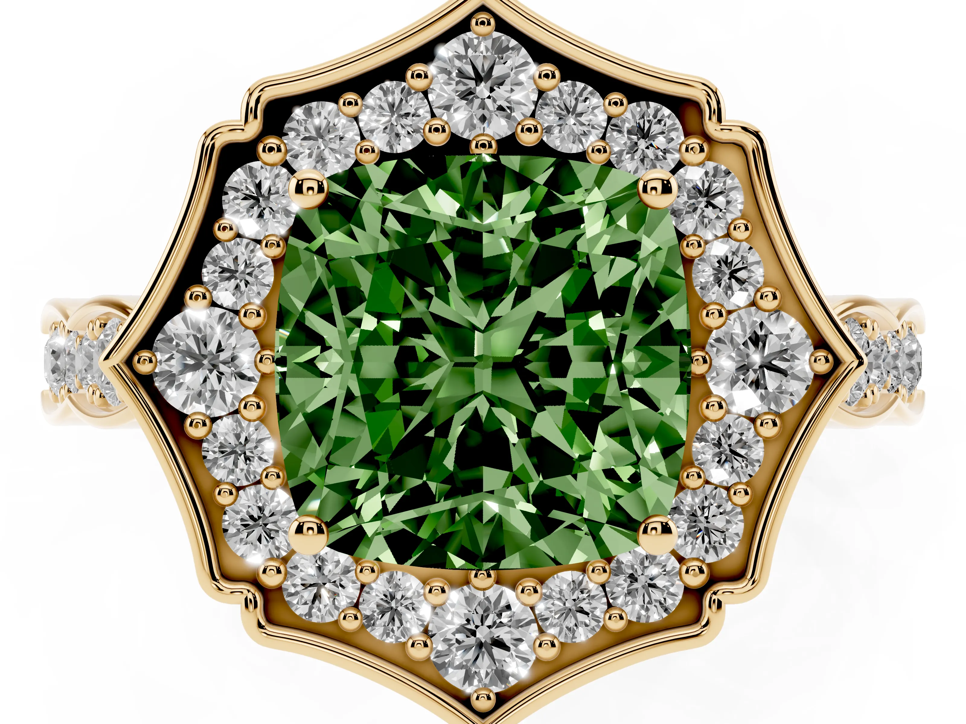 Fancy Green Cushion Cut Diamond Halo Engagement Ring Set in Yellow gold with Milgrain Band and Prong Setting