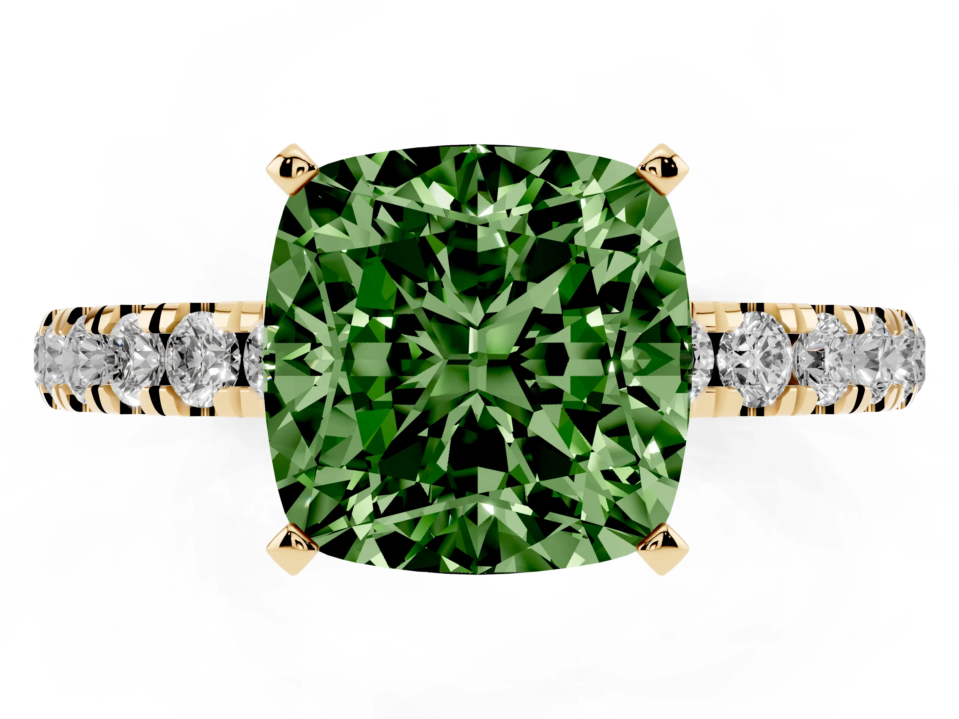 Fancy Green Cushion Cut Diamond Solitaire Ring Set in Yellow gold with Pavé Accents and Prong Setting