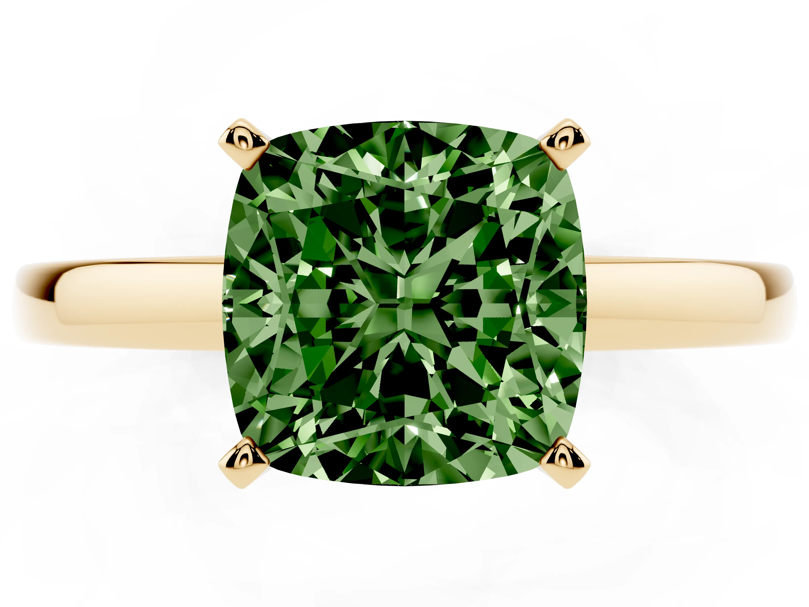 Fancy Green Cushion Cut Diamond Solitaire Engagement Ring Set in Yellow gold with Prong Setting on a Classic Band