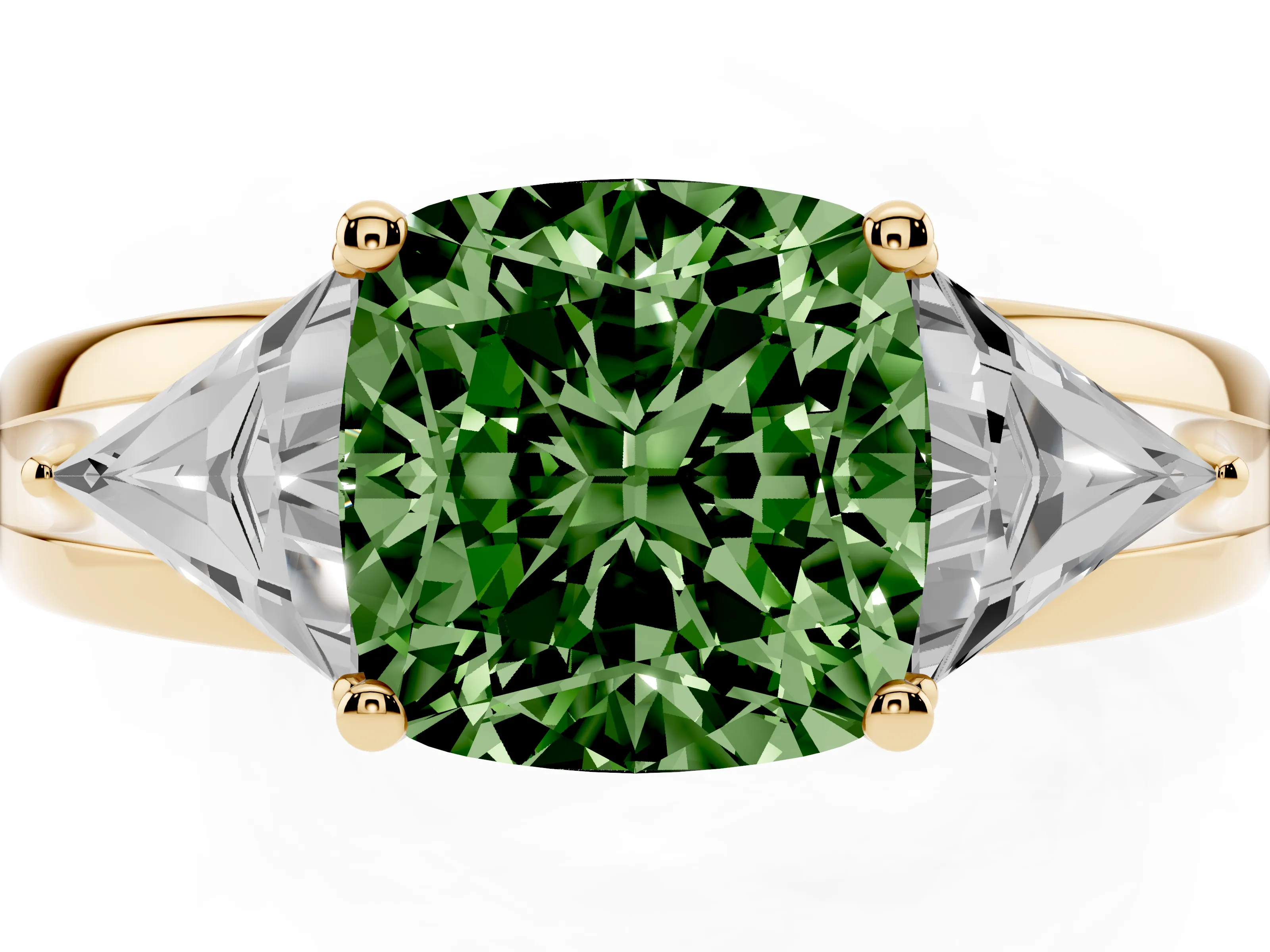 Fancy Green Cushion Cut Diamond Three-Stone Ring Set in Yellow gold with Trillion Side Stones and Split Shank