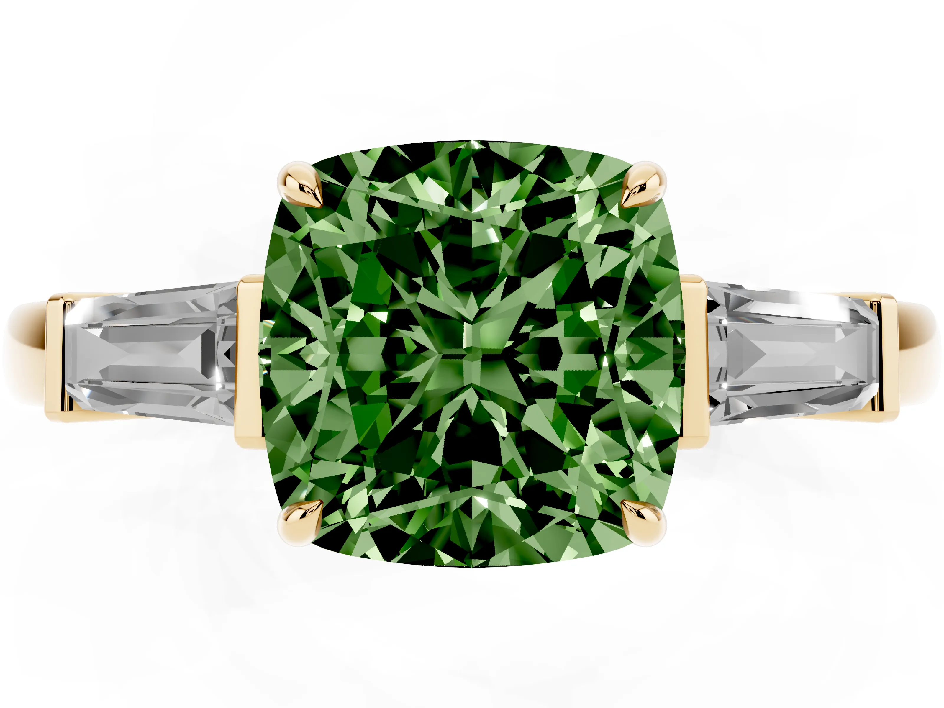 Fancy Green Cushion Cut Diamond Three-Stone Ring Set in Yellow gold with Tapered Baguette Side Stones and Prong Setting