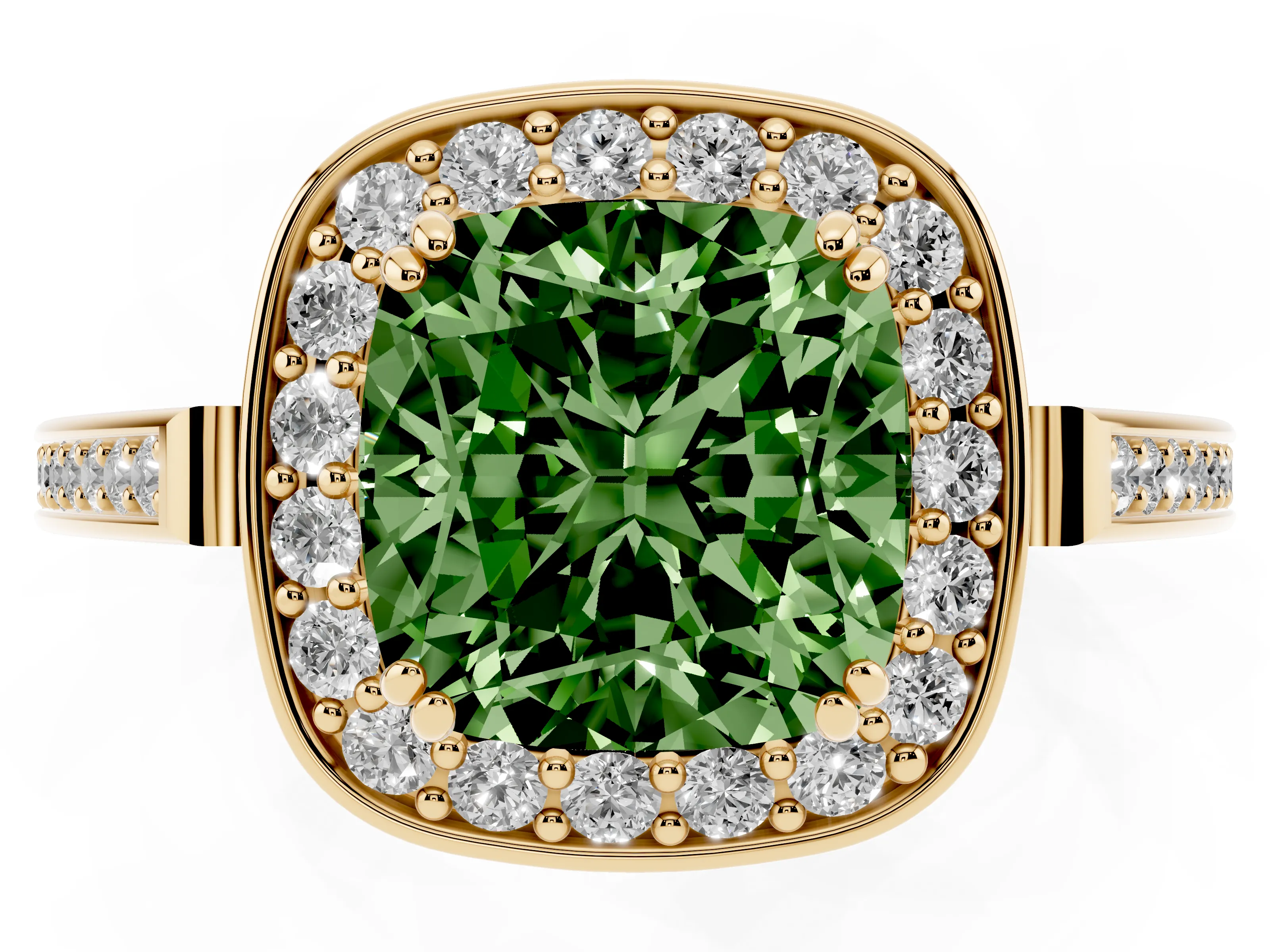 Fancy Green Cushion Cut Diamond Halo Ring Set in Yellow gold with Accent-Lined Split Shank and Prong Setting