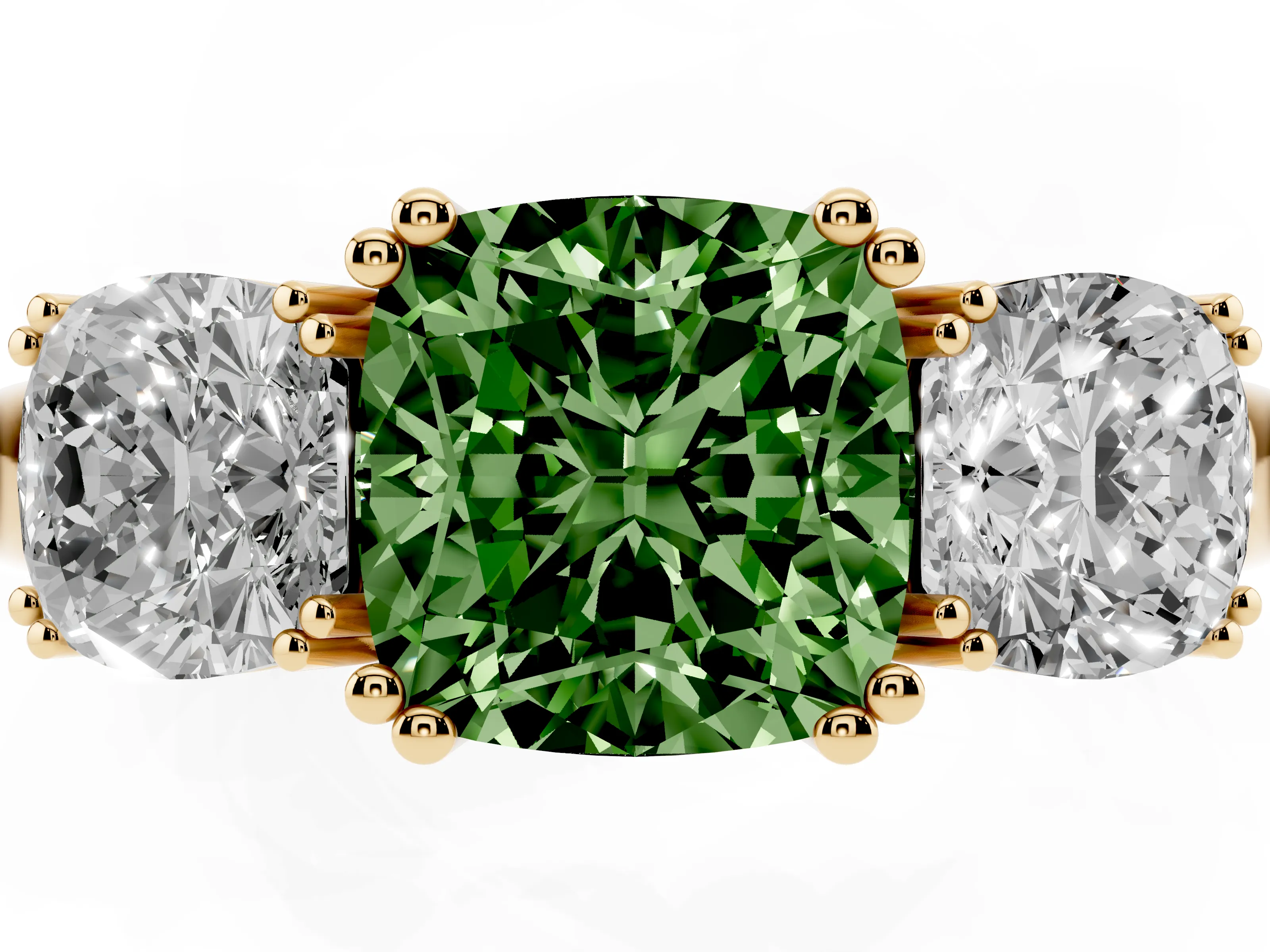 Fancy Green Cushion Cut Diamond Three-Stone Ring Set in Yellow gold with Polished Band and Prong Setting