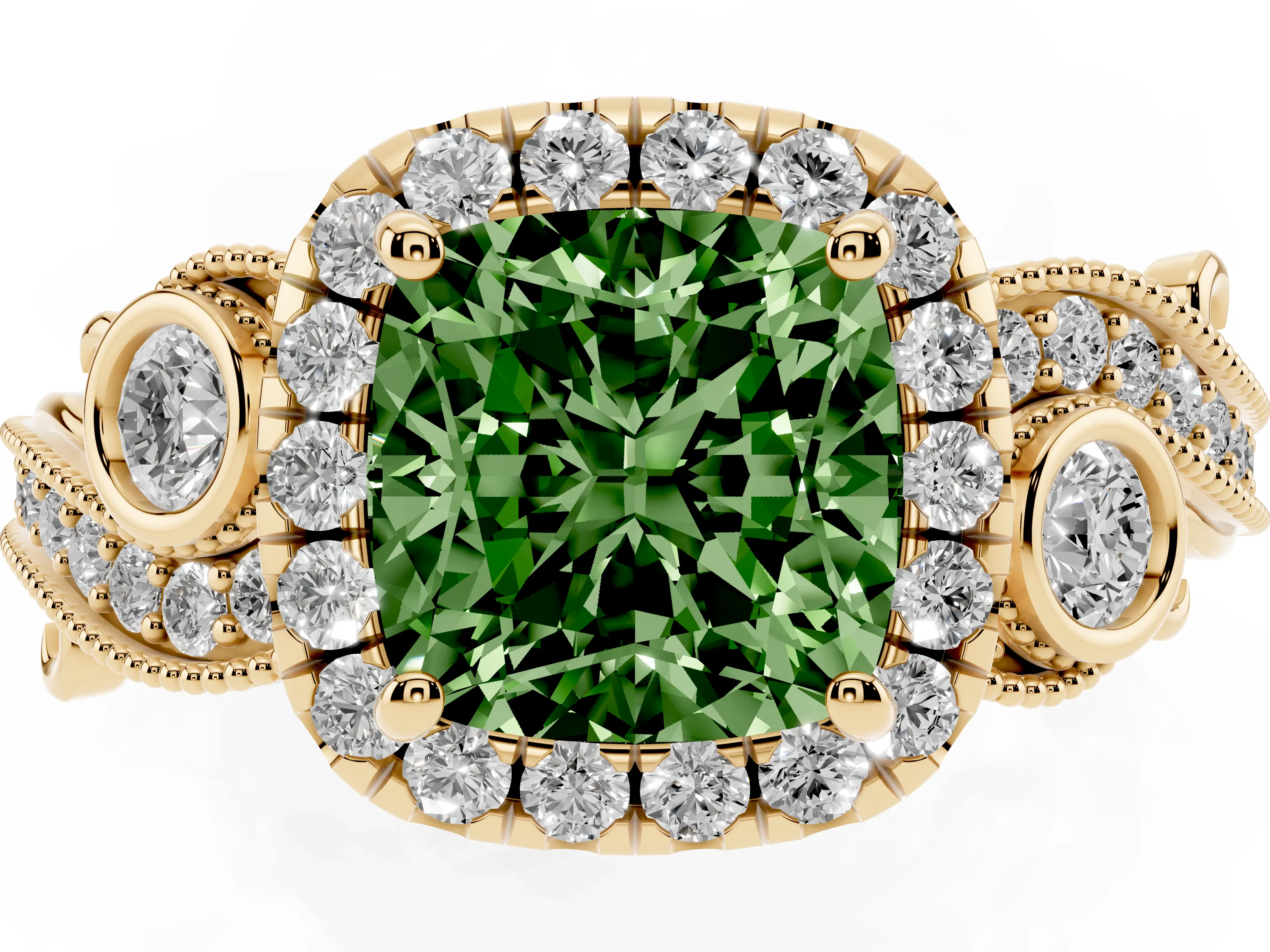 Fancy Green Cushion Cut Diamond Halo Ring Set in Yellow gold with Milgrain Pavé Band and Prong Setting
