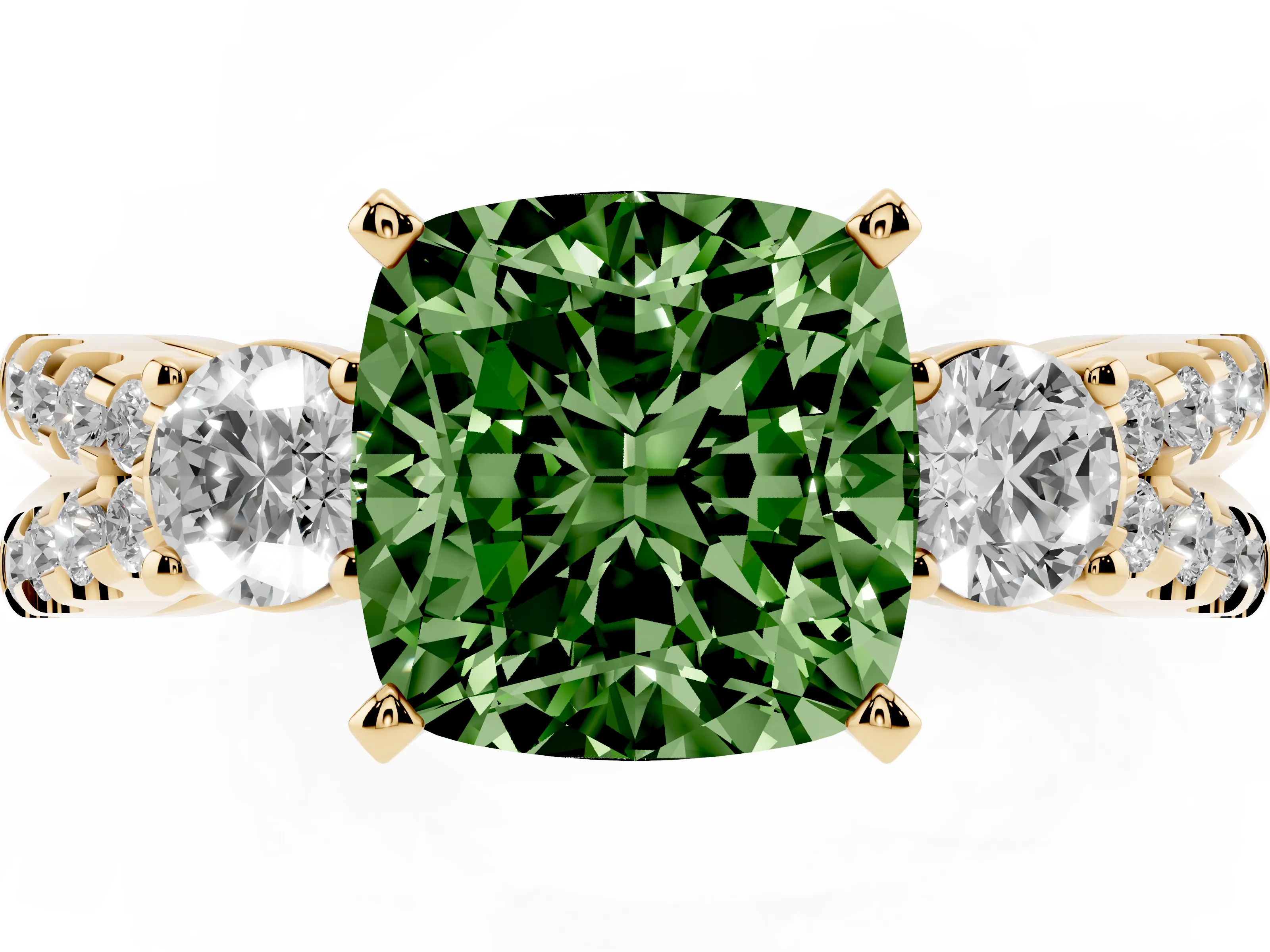Fancy Green Cushion Cut Diamond Three-Stone Ring Set in Yellow gold with Pavé Split Shank and Prong Setting