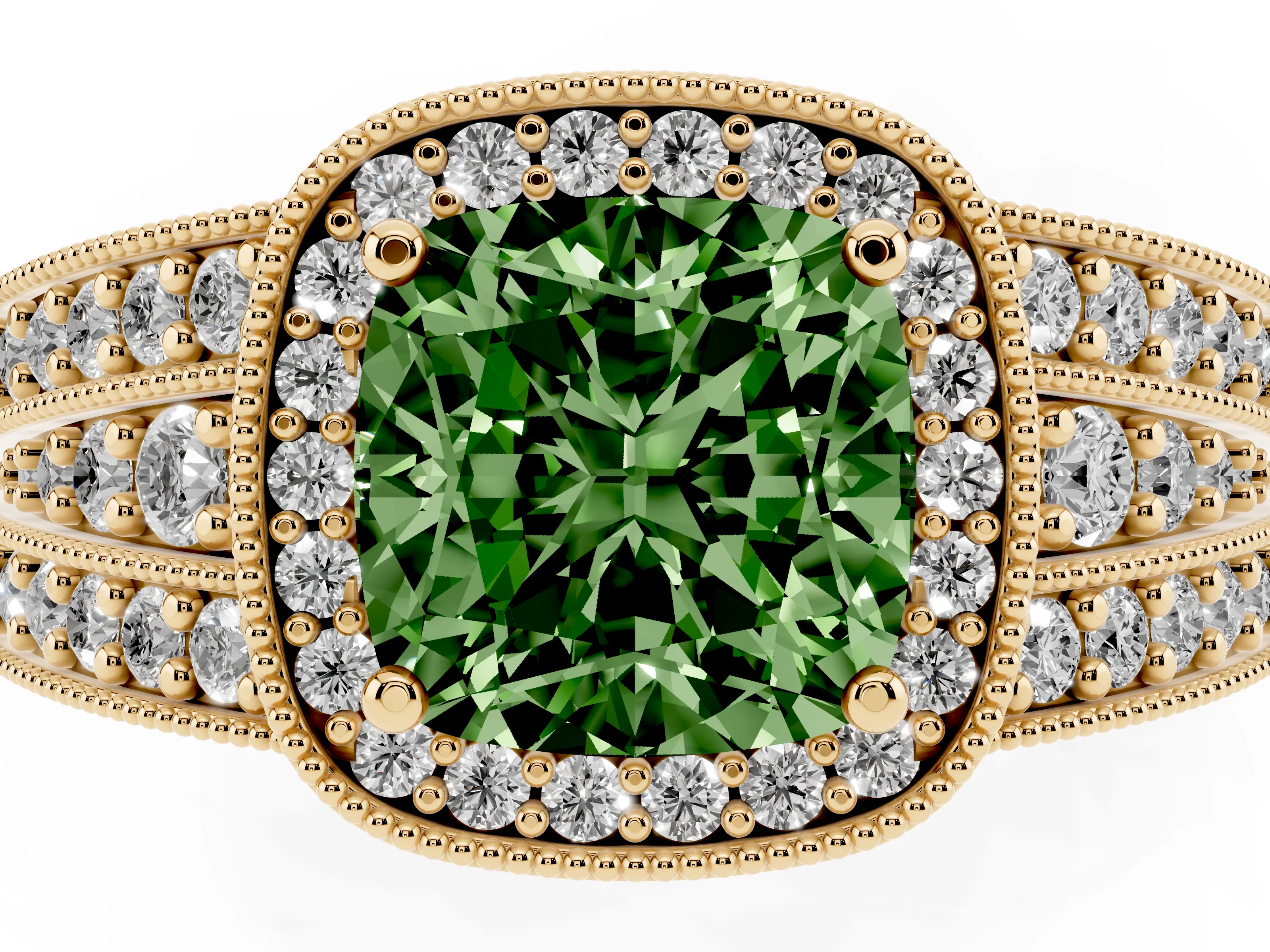 Fancy Green Cushion Cut Diamond Halo Ring Set in Yellow gold with Accent Split Shank and Prong Setting