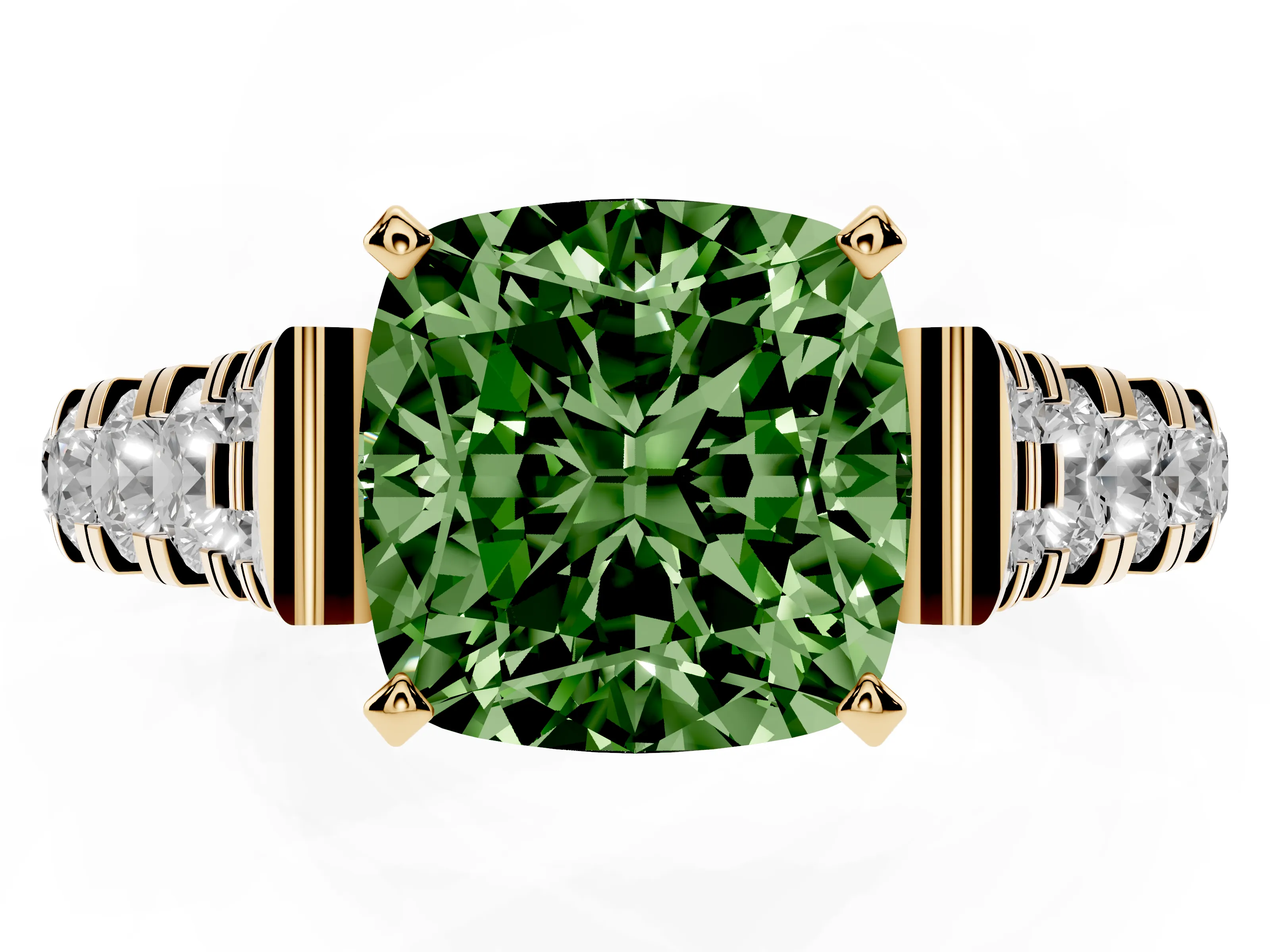 Fancy Green Cushion Cut Diamond Classic Solitaire Ring Set in Yellow gold with Pavé Band and Prong Setting