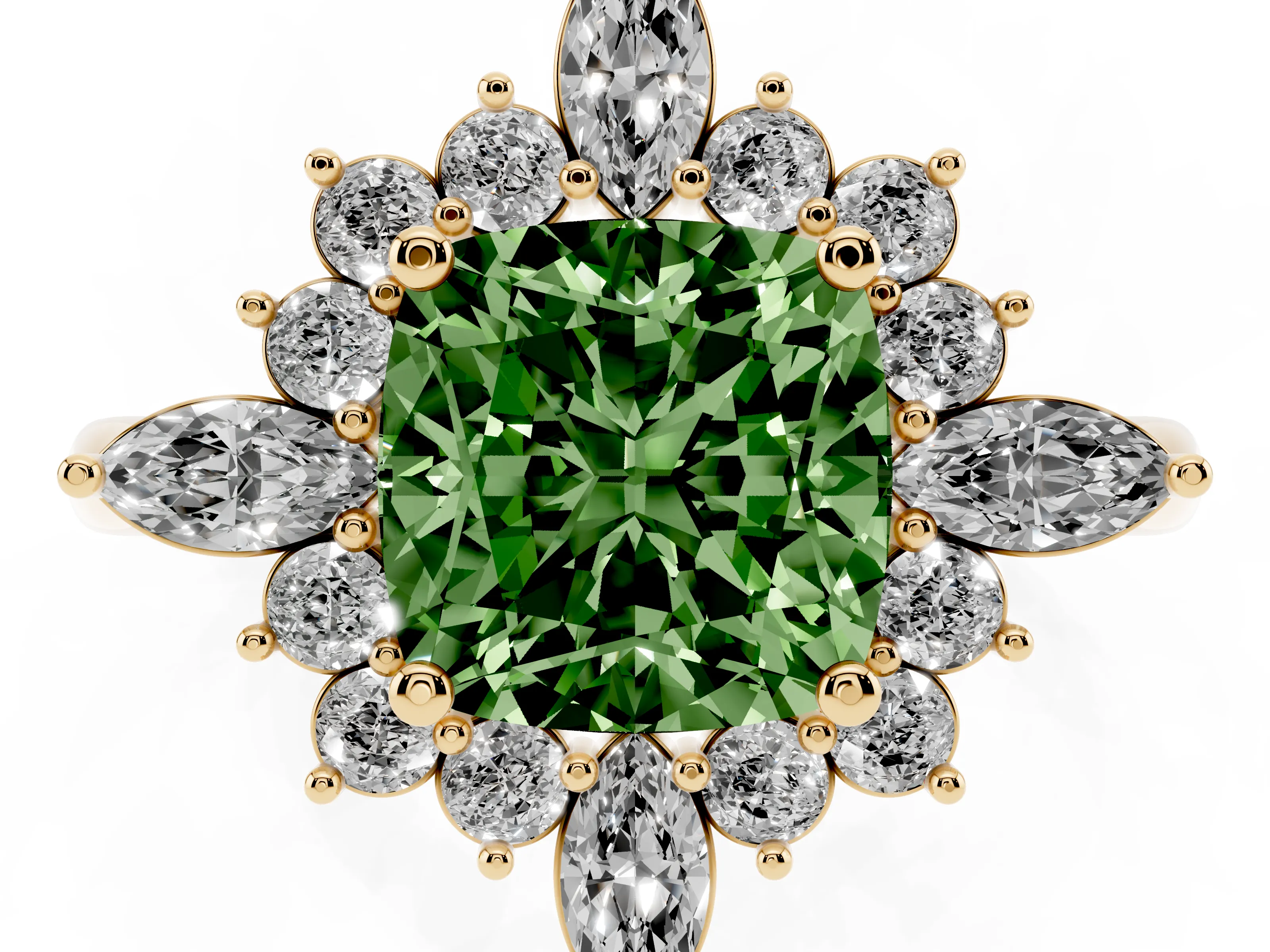Fancy Green Cushion Cut Diamond Cluster Halo Ring Set in Yellow gold with Marquise and Round Accents