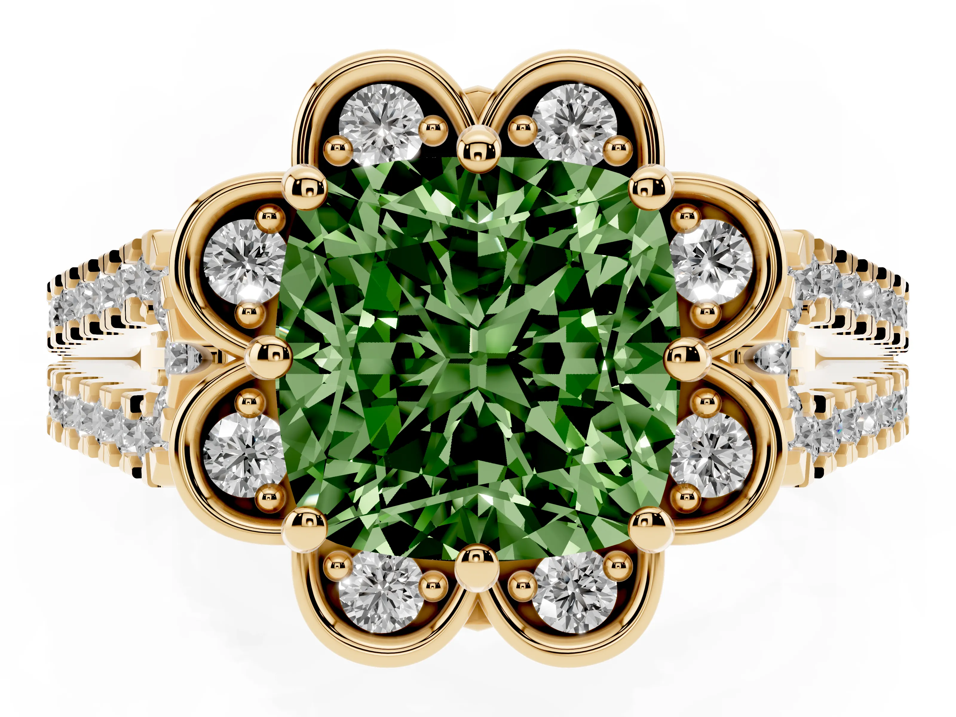Fancy Green Cushion Cut Diamond Floral Halo Split Shank Engagement Ring Set in Yellow gold with Pavé Shank