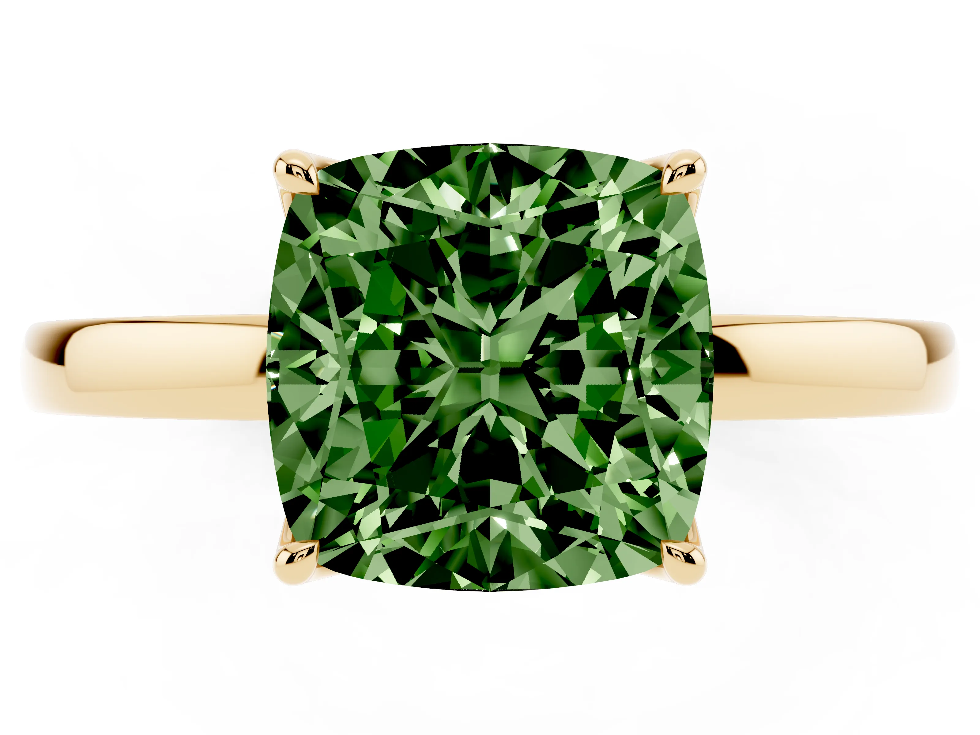 Fancy Green Cushion Cut Diamond Solitaire Ring Set in Yellow gold with Prong Setting and Thin Polished Band