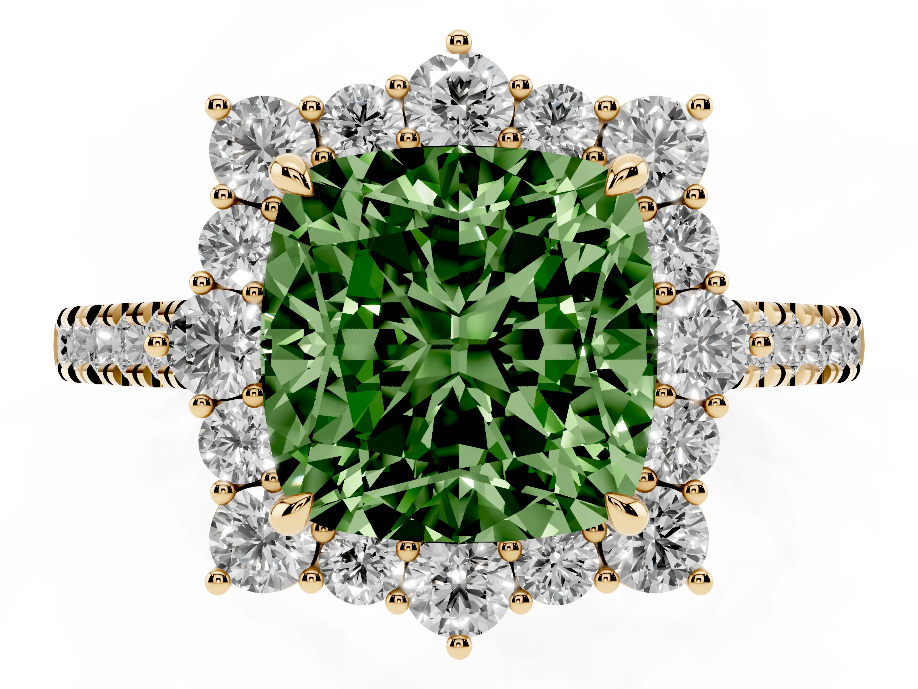 Fancy Green Cushion Cut Diamond Halo Ring Set in Yellow gold with Pavé Band and Prong Setting