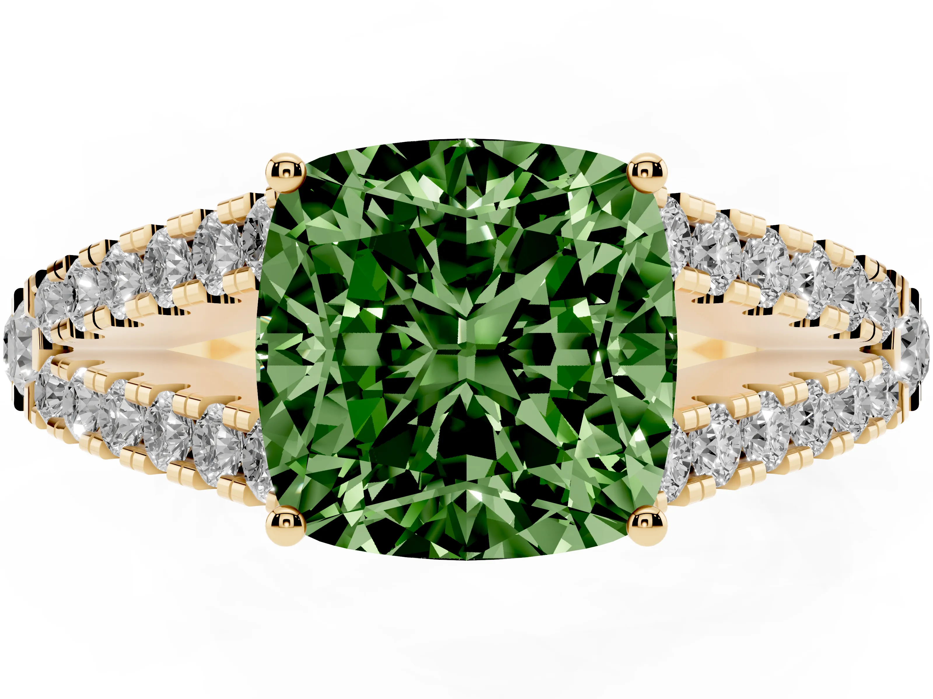 Fancy Green Cushion Cut Diamond Split Shank Pavé Engagement Ring Set in Yellow gold with Prong-Held Center Stone