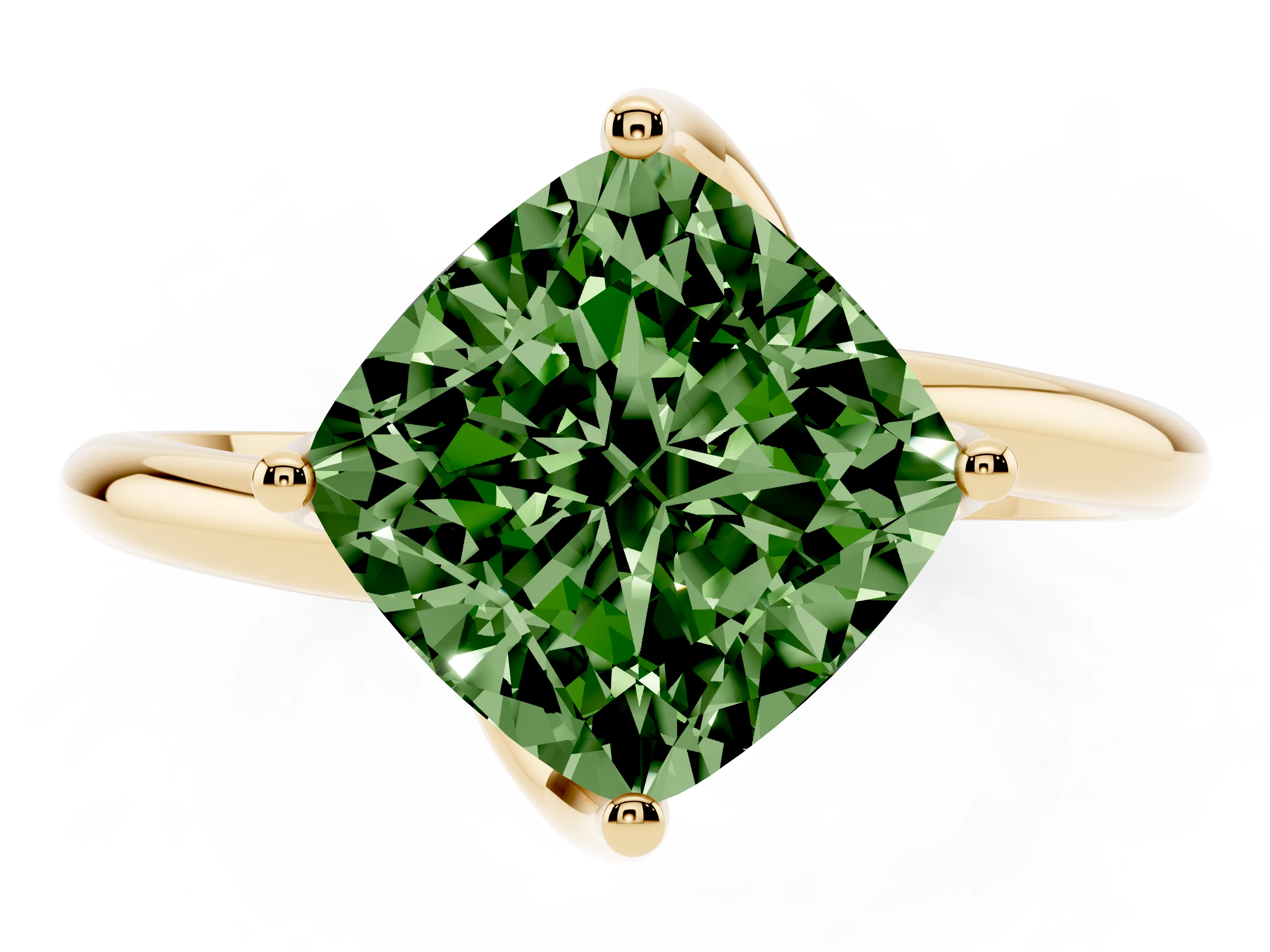 Fancy Green Cushion Cut Diamond Solitaire Engagement Ring Set in Yellow gold with Classic Plain Band
