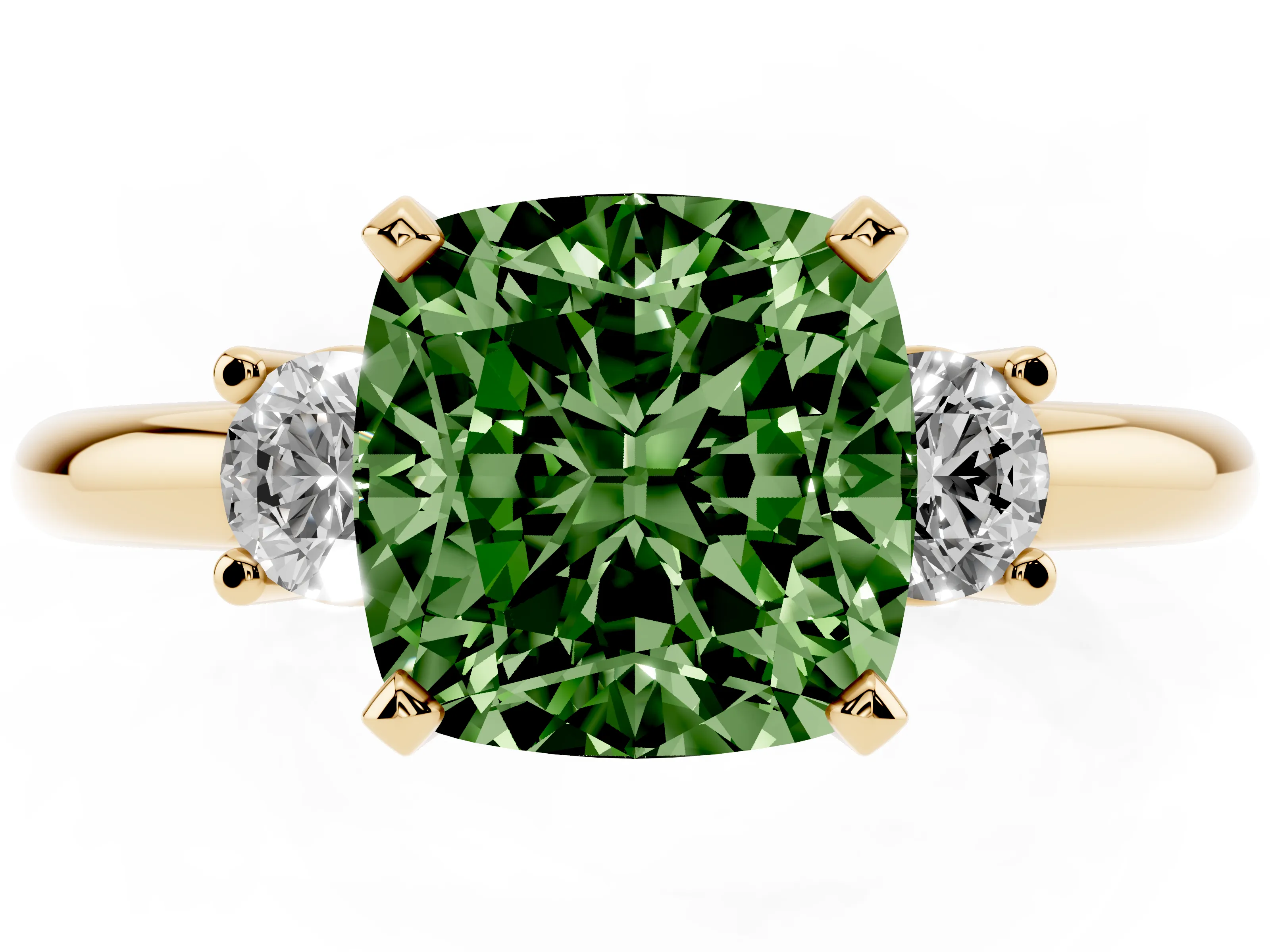 Fancy Green Three-Stone Cushion Cut Diamond Ring Set in Yellow gold with Prong Setting and Plain Band