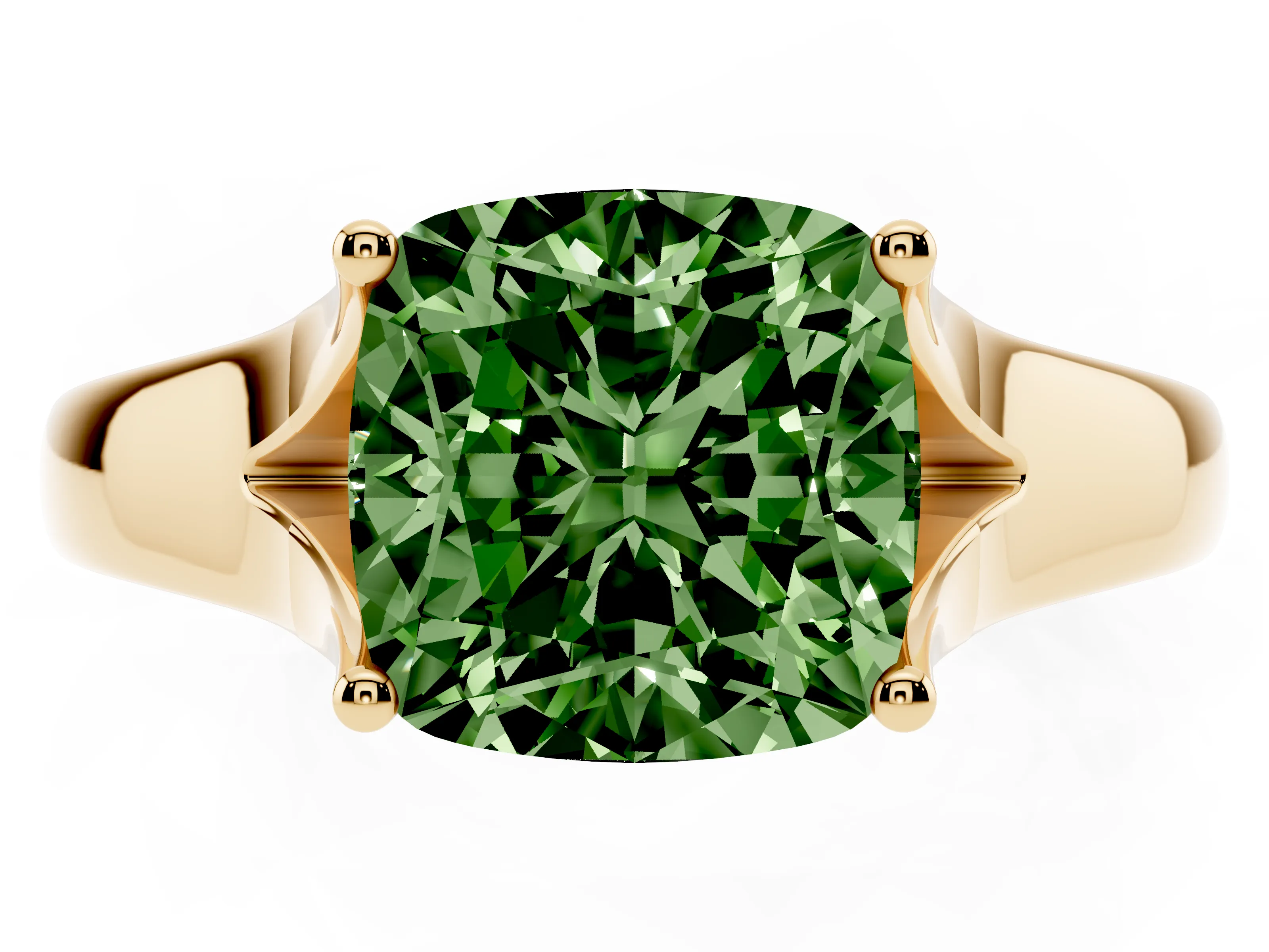 Fancy Green Cushion Cut Diamond Solitaire Ring Set in Yellow gold with Arched Cathedral Band and Prong Setting