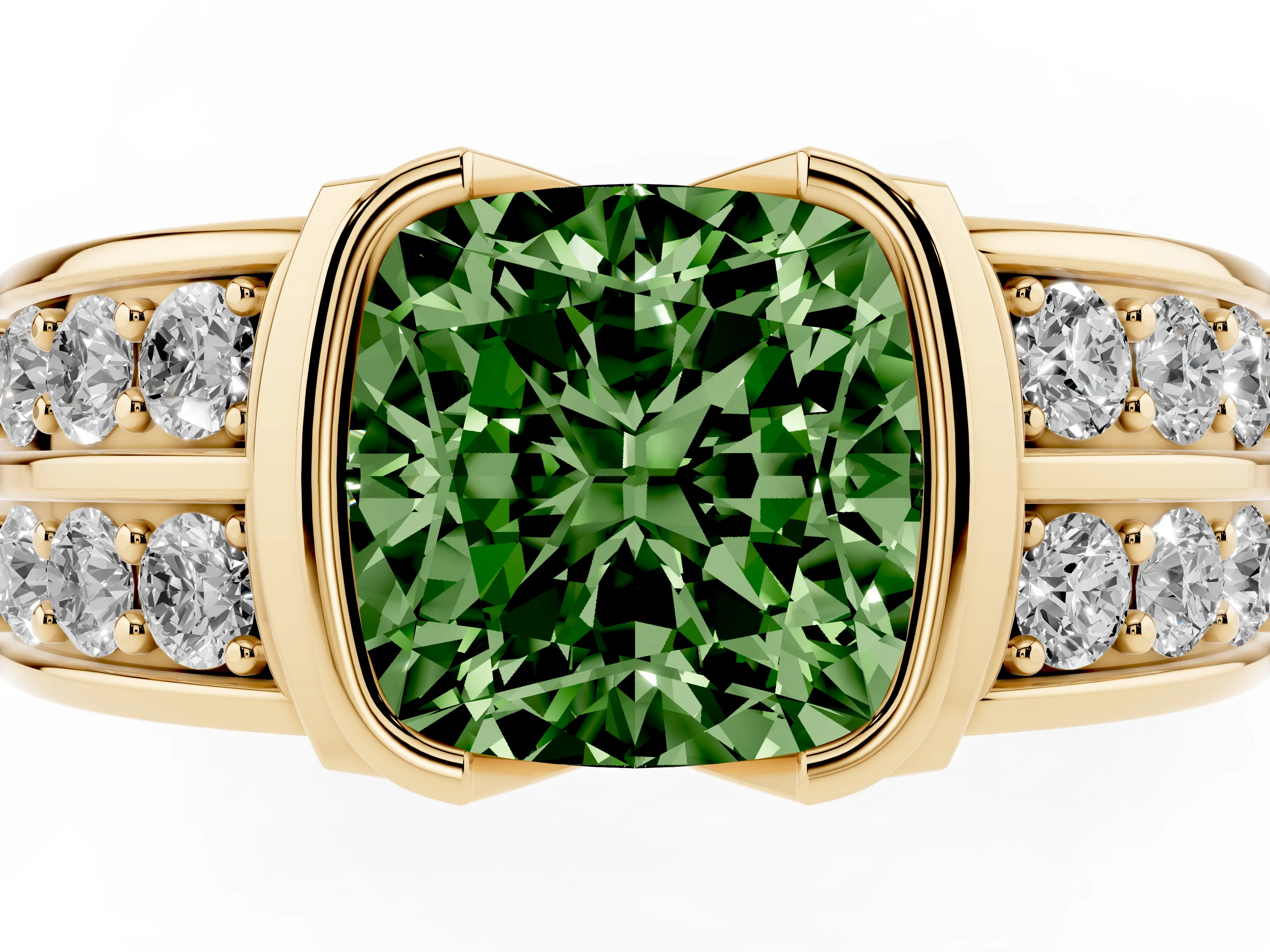 Fancy Green Cushion Cut Diamond Wide Channel Set Band Ring Set in Yellow gold with Bezel Setting