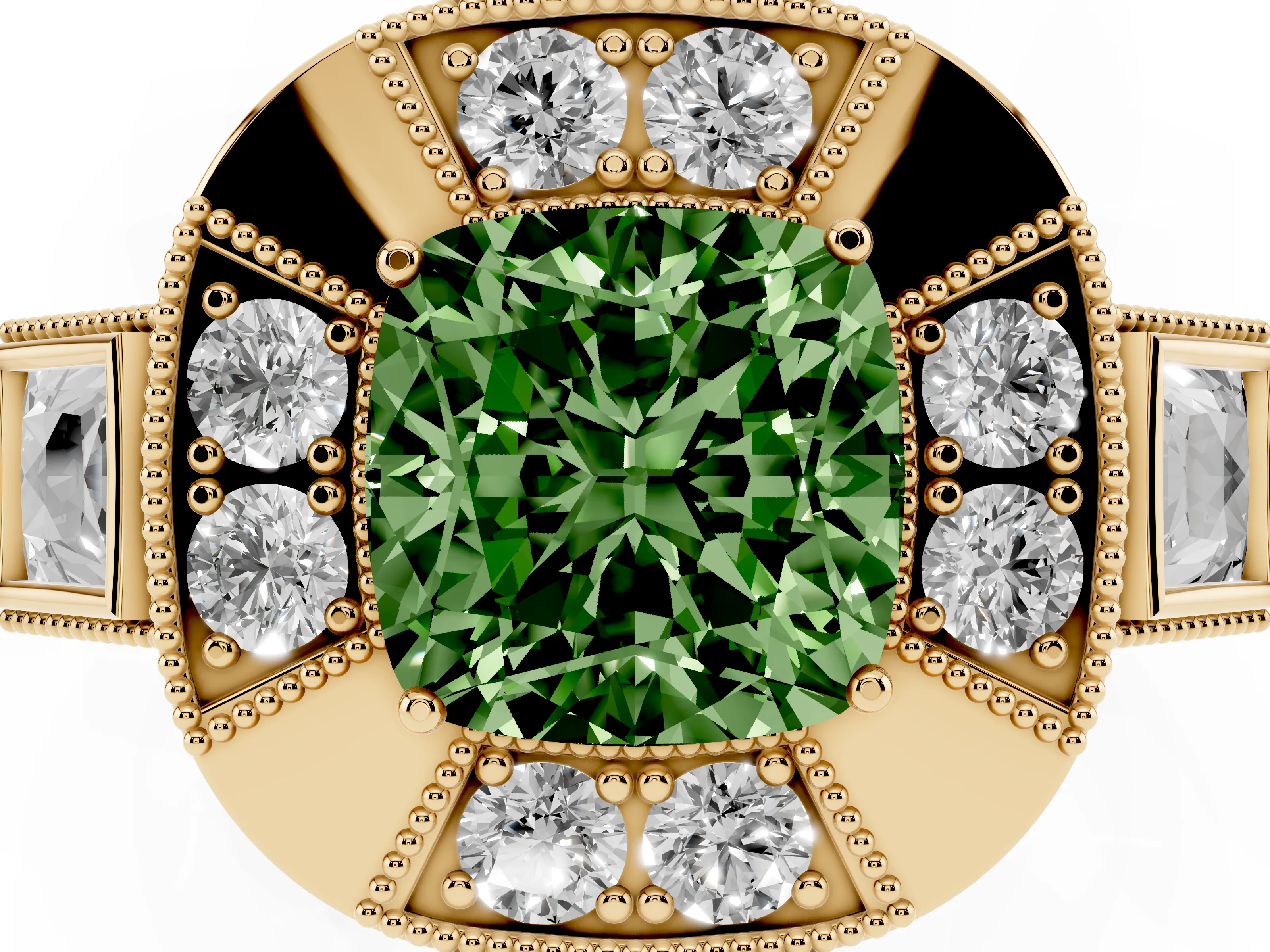 Fancy Green Cushion Cut Diamond Milgrain Halo Ring Set in Yellow gold with Split Shank