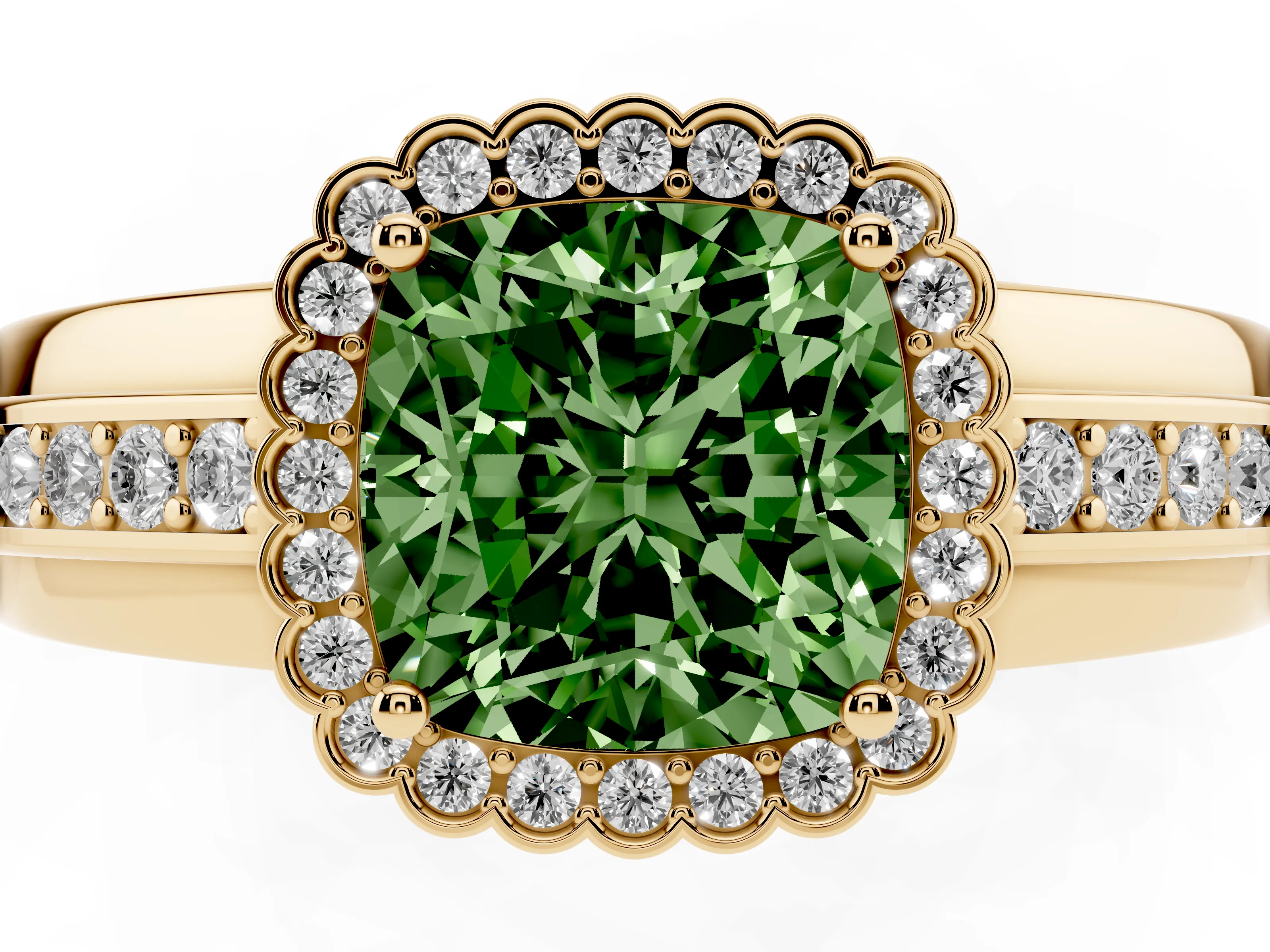 Fancy Green Cushion Cut Diamond Halo Prong Ring Set in Yellow gold with Pavé Band