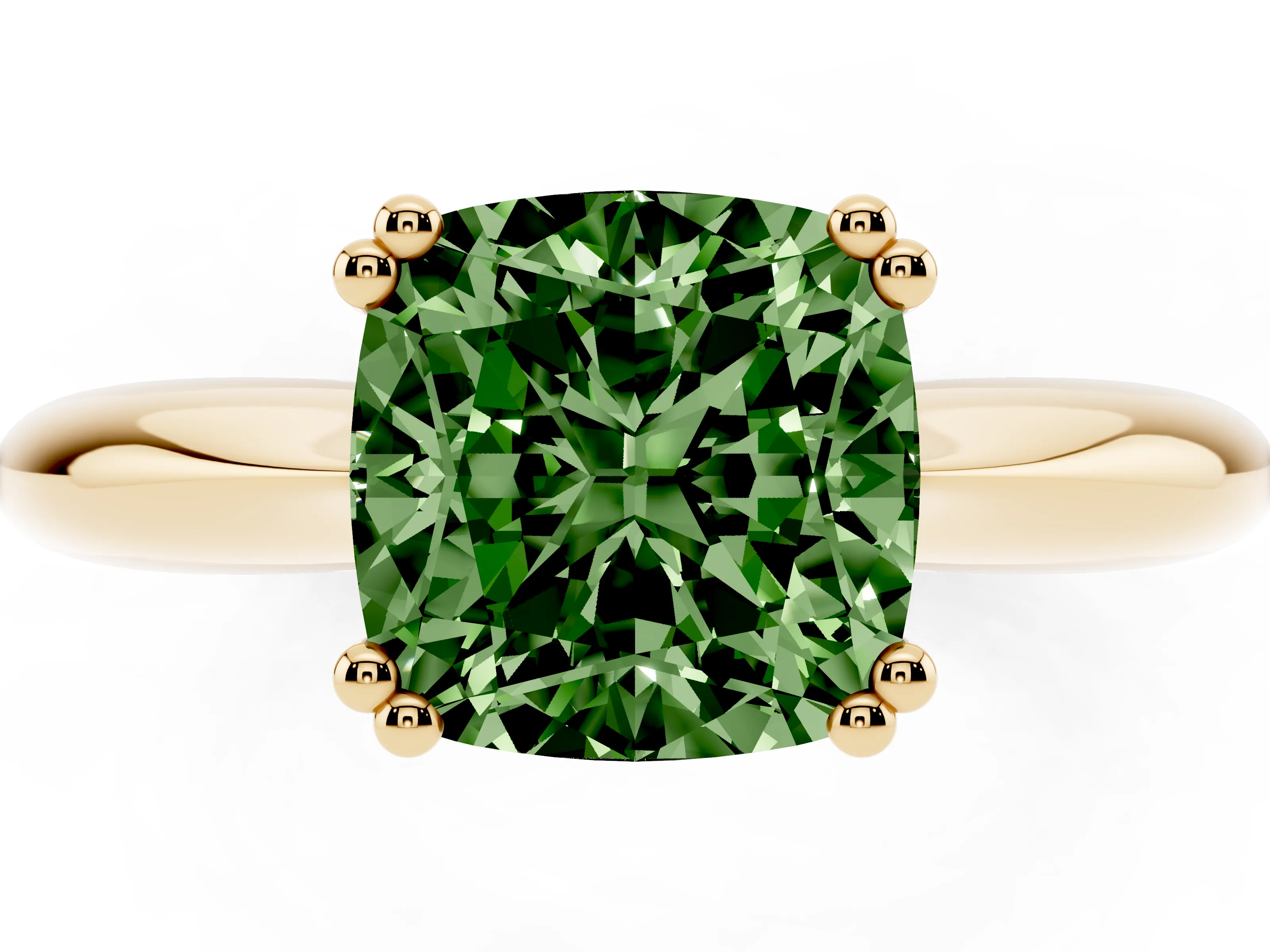 Fancy Green Cushion Cut Diamond Solitaire Engagement Ring Set in Yellow gold with Tapered Band and Prong Setting