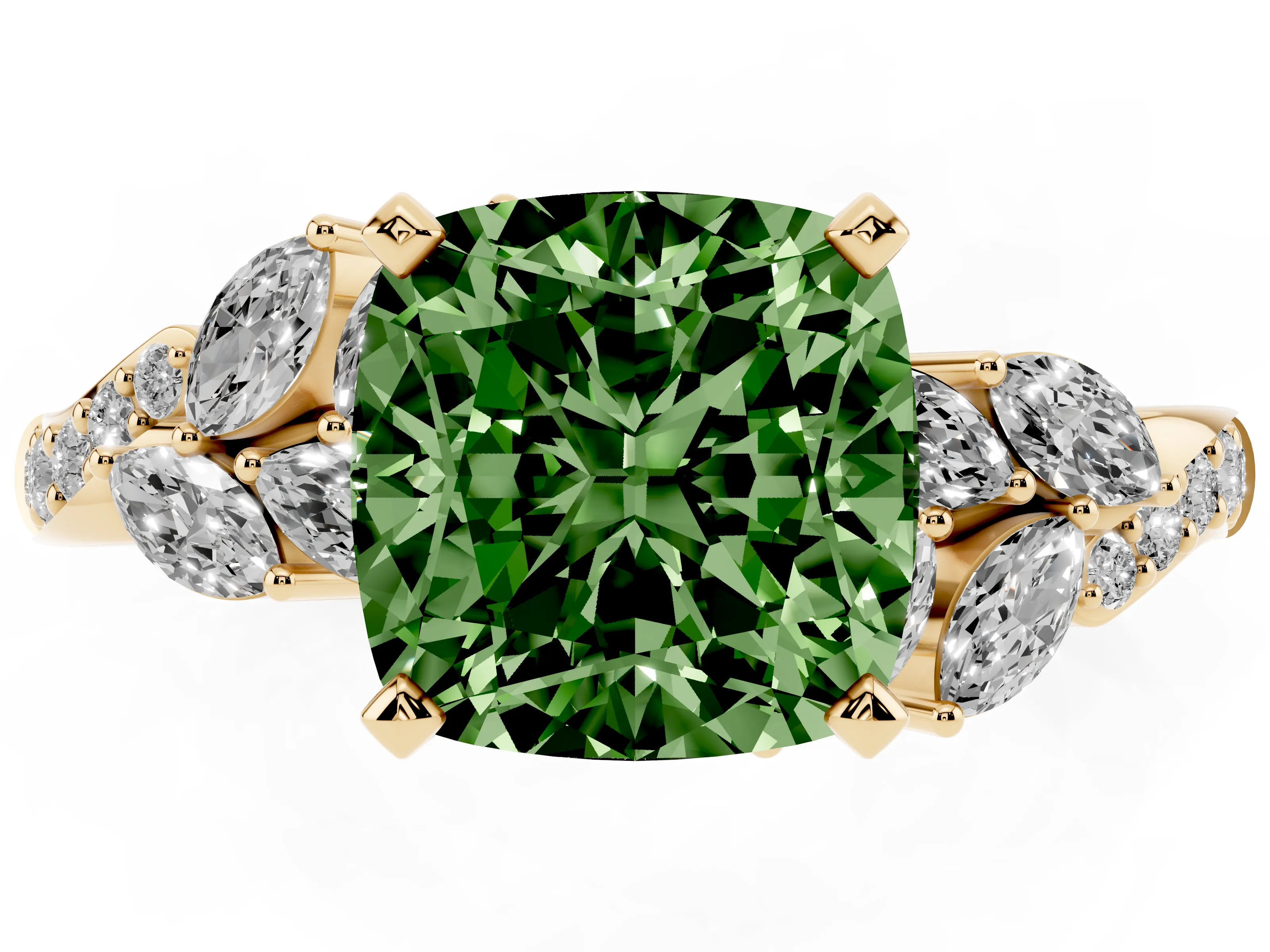 Fancy Green Cushion Cut Diamond Solitaire Ring Set in Yellow gold with Marquise Twist Band and Prong Setting