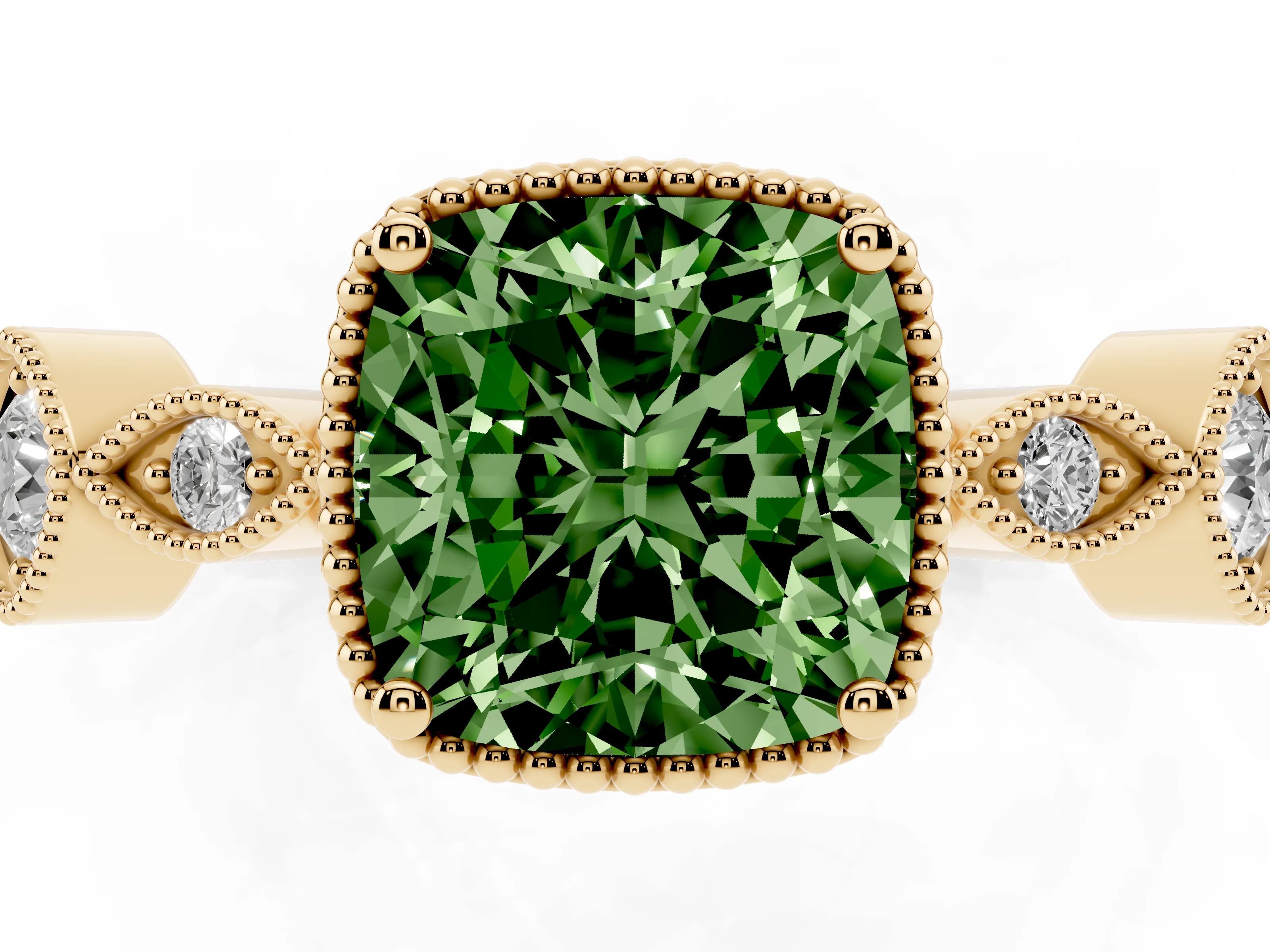 Fancy Green Cushion Cut Diamond Vintage-Inspired Milgrain Ring Set in Yellow gold with Marquise Stations of Round Accents