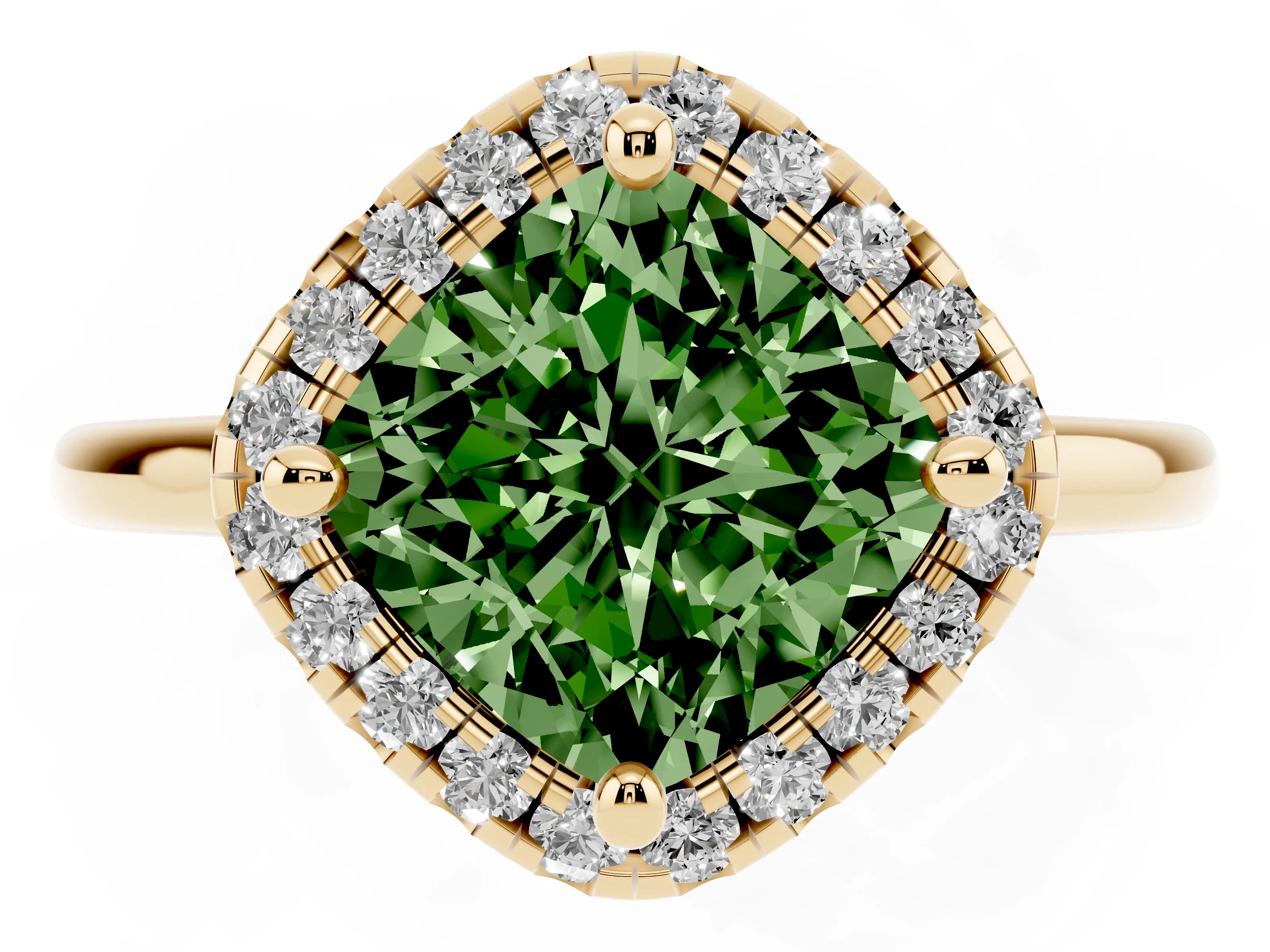 Fancy Green Cushion Cut Diamond Halo Engagement Ring Set in Yellow gold with Pavé Band and Rising Shoulders