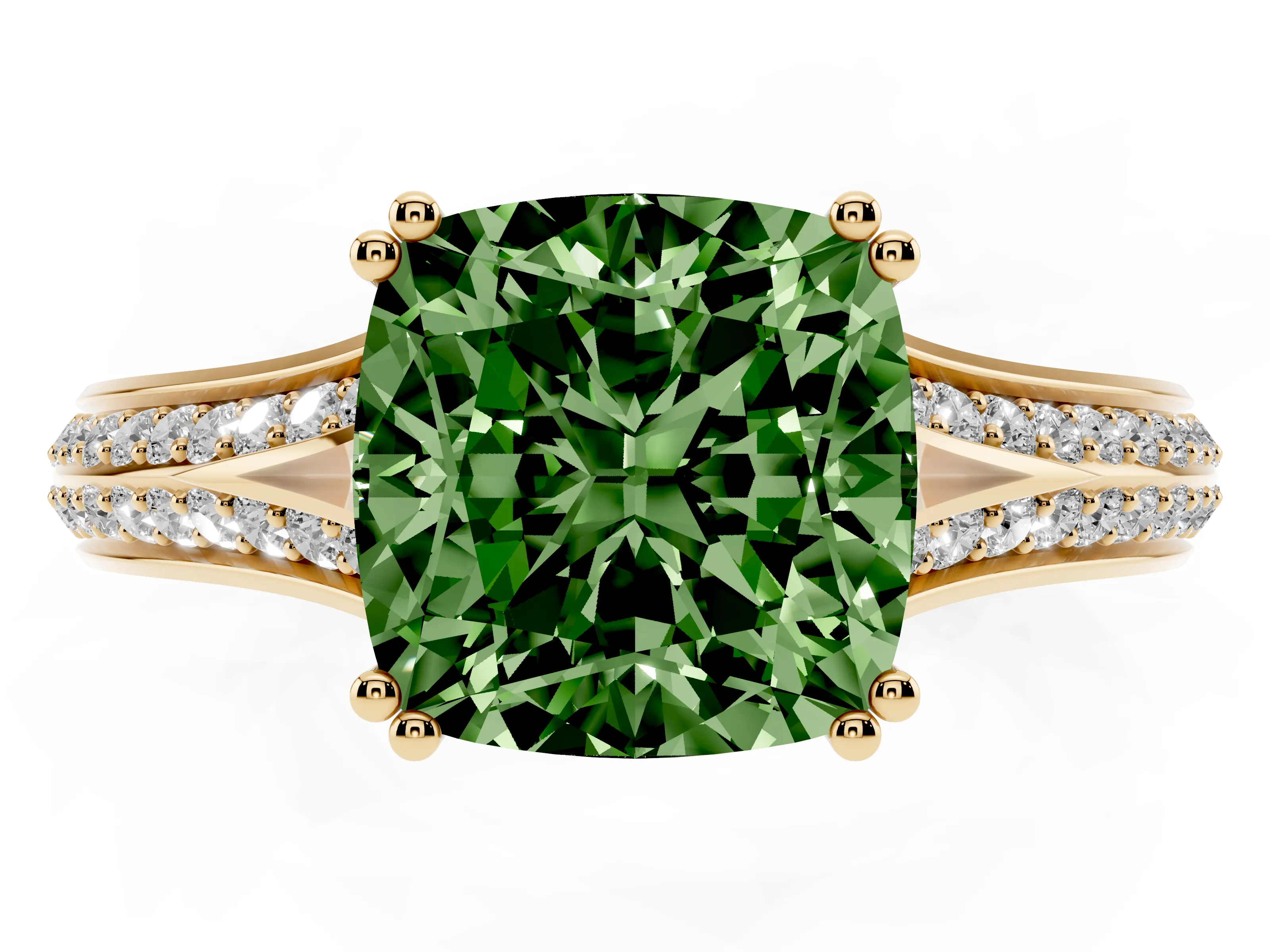 Fancy Green Cushion Cut Diamond Split Shank Pavé Engagement Ring Set in Yellow gold with Prong-Set Center Stone