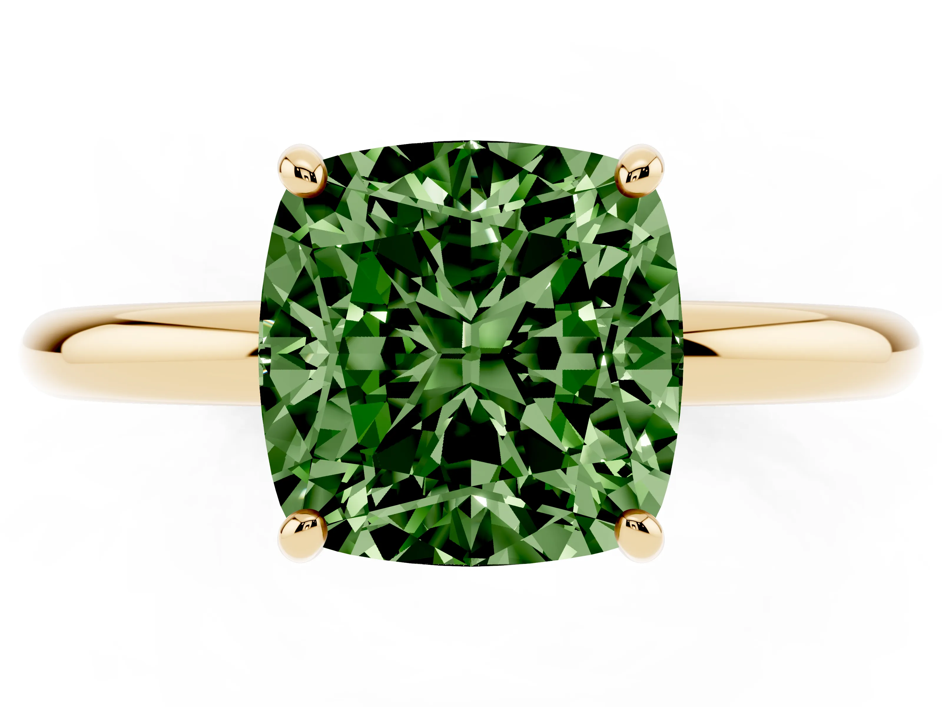 Fancy Green Cushion Cut Diamond Solitaire Ring Set in Yellow gold with Prong Setting on a Polished Plain Band