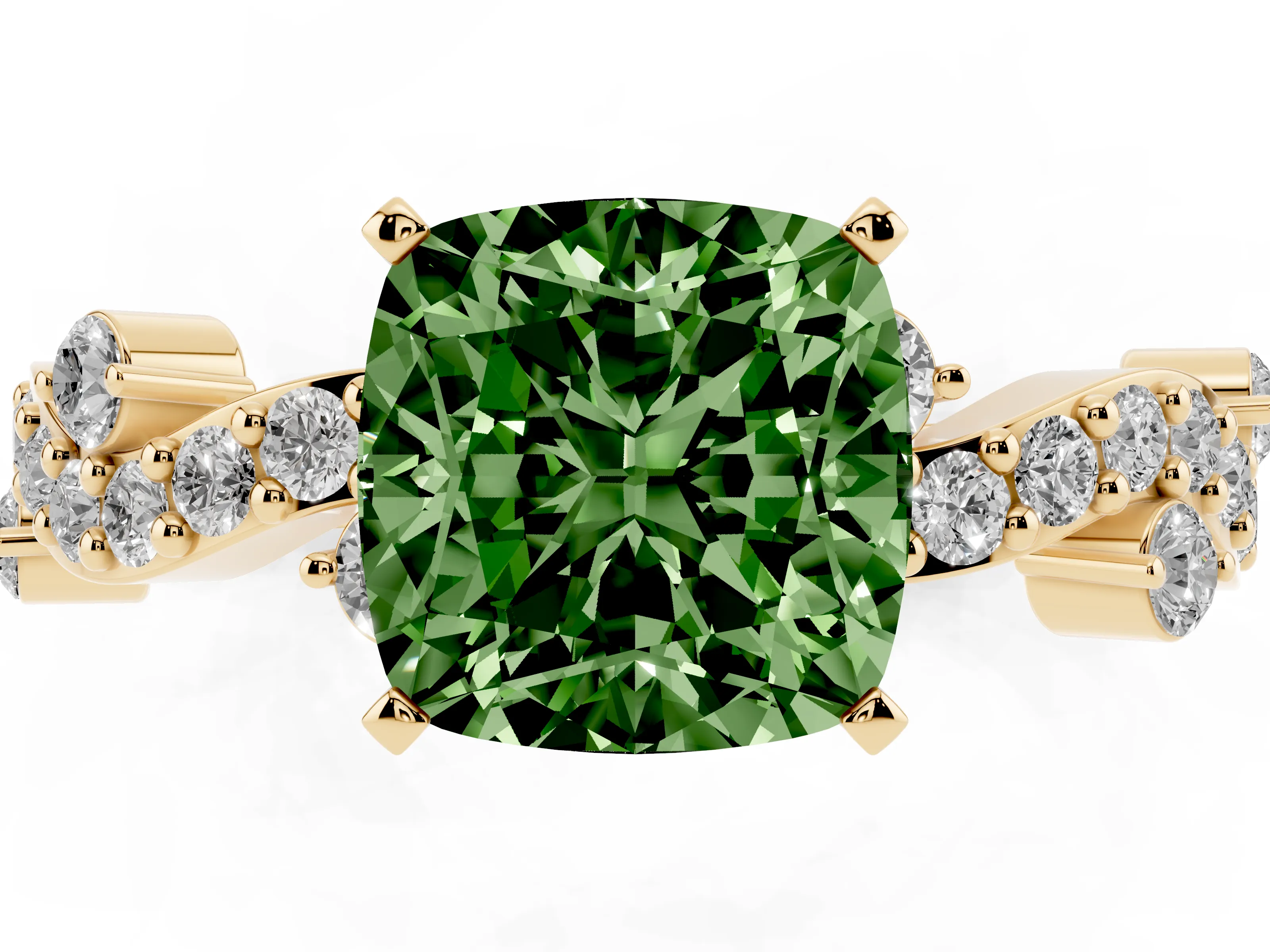 Fancy Green Cushion Cut Diamond Solitaire Twisted Band Set in Yellow gold with Pavé Setting