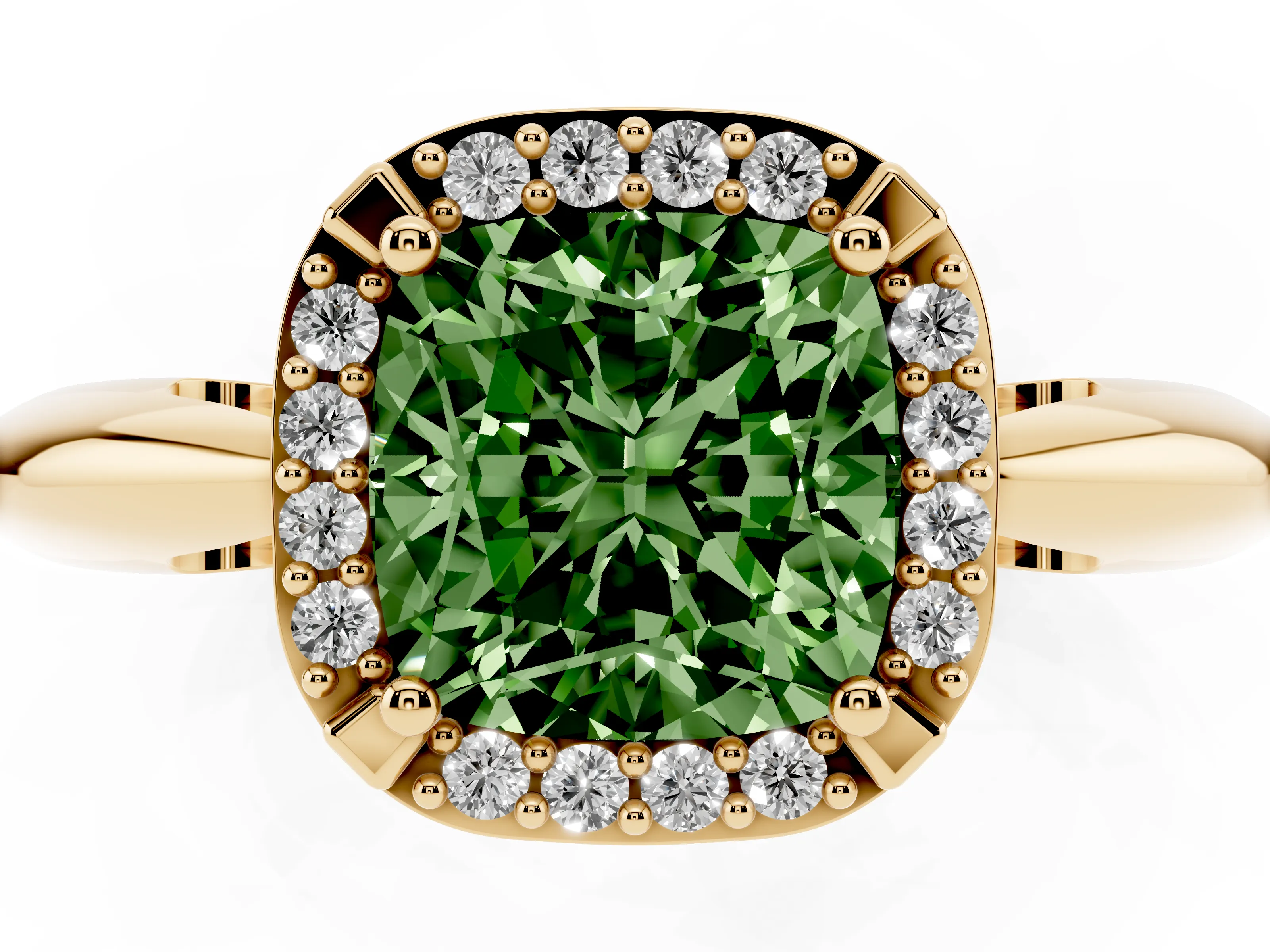 Fancy Green Cushion Cut Diamond Halo Engagement Ring Set in Yellow gold with Plain Split Shank and Prong Setting